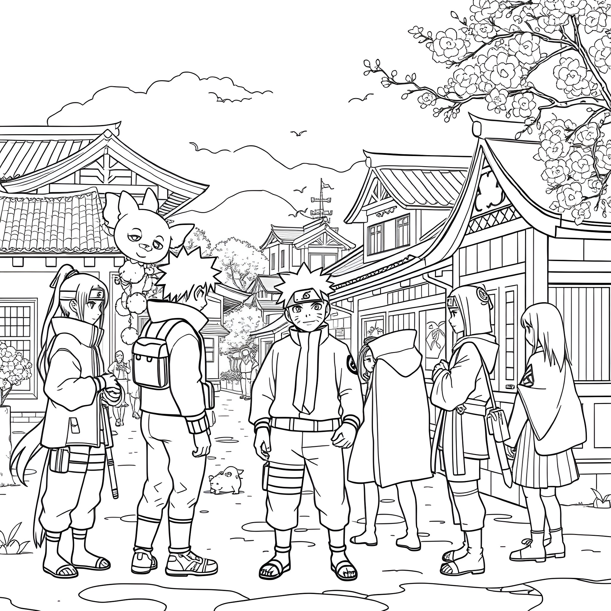 Naruto characters in a traditional Japanese town Coloring Page (free black-and-white line drawing printable PDF for all, from beginners to advanced learners, including children, teens, adults, and seniors)