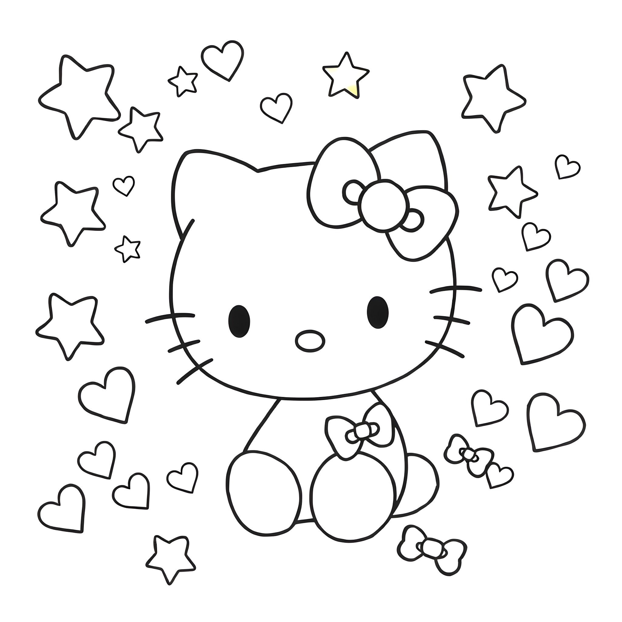 Hello Kitty surrounded by cute stars and hearts Coloring Page (free black-and-white line drawing printable PDF for all, from beginners to advanced learners, including children, teens, adults, and seniors)
