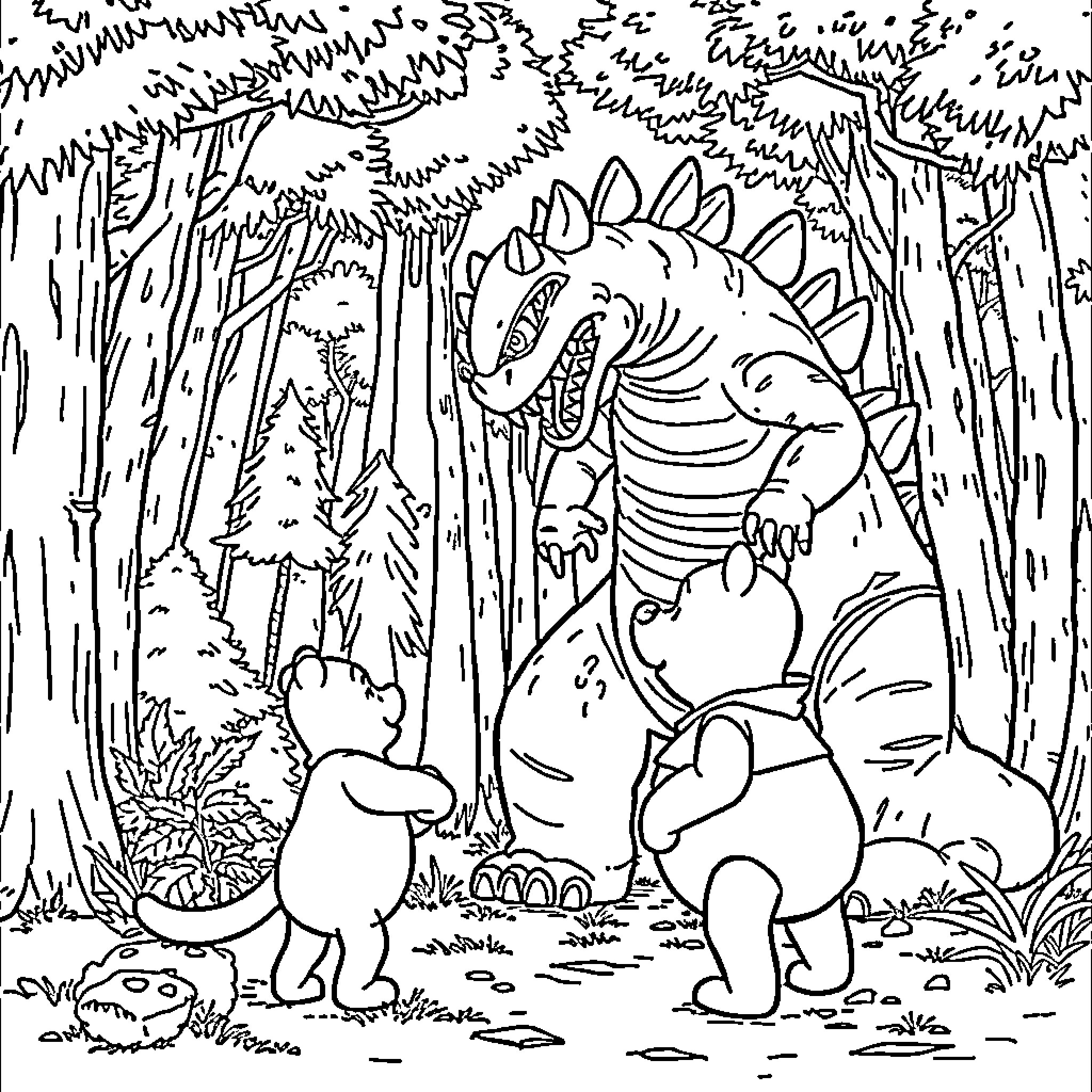 Winnie The Pooh and Friends Exploring the Forest Coloring Page (free black-and-white line drawing printable PDF for all, from beginners to advanced learners, including children, teens, adults, and seniors)