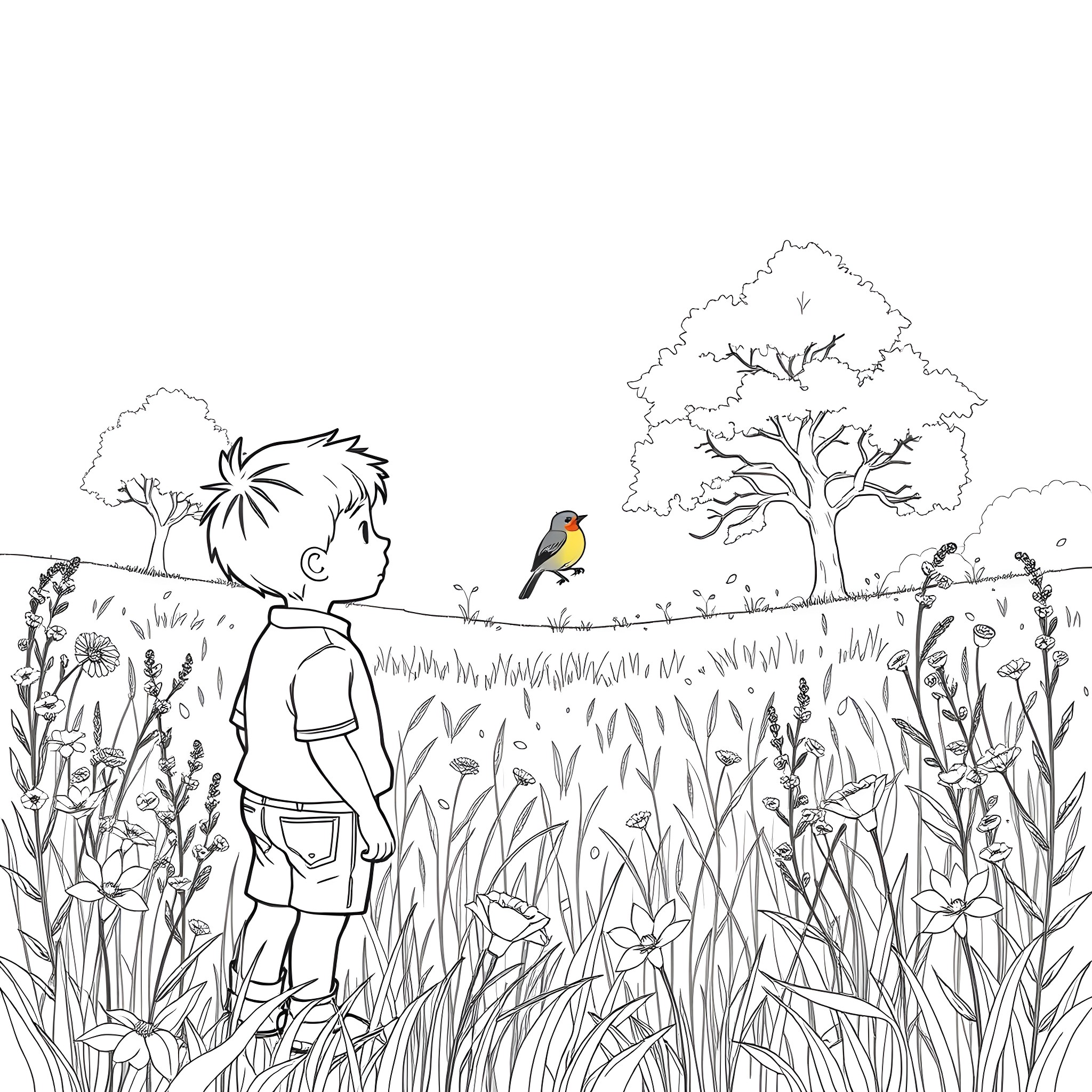 Boy explores nature's wonders in the garden Coloring Page (free black-and-white line drawing printable PDF for all, from beginners to advanced learners, including children, teens, adults, and seniors)