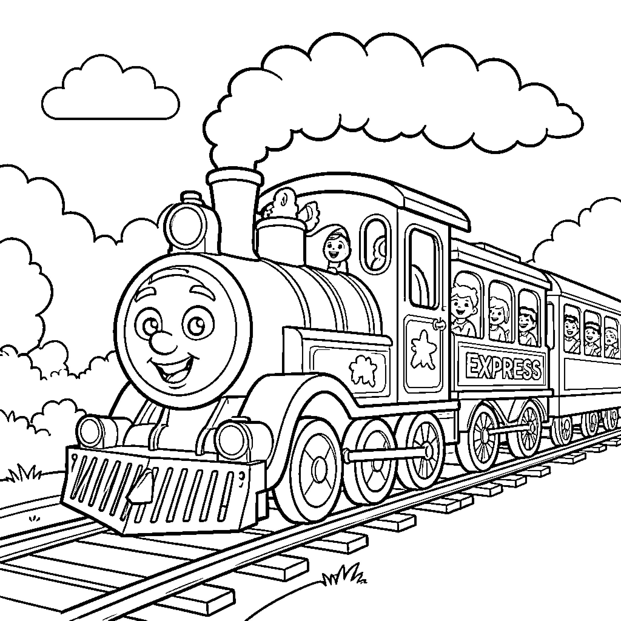 Junior Train Expedition on the Express Track Coloring Page (free black-and-white line drawing printable PDF for all, from beginners to advanced learners, including children, teens, adults, and seniors)