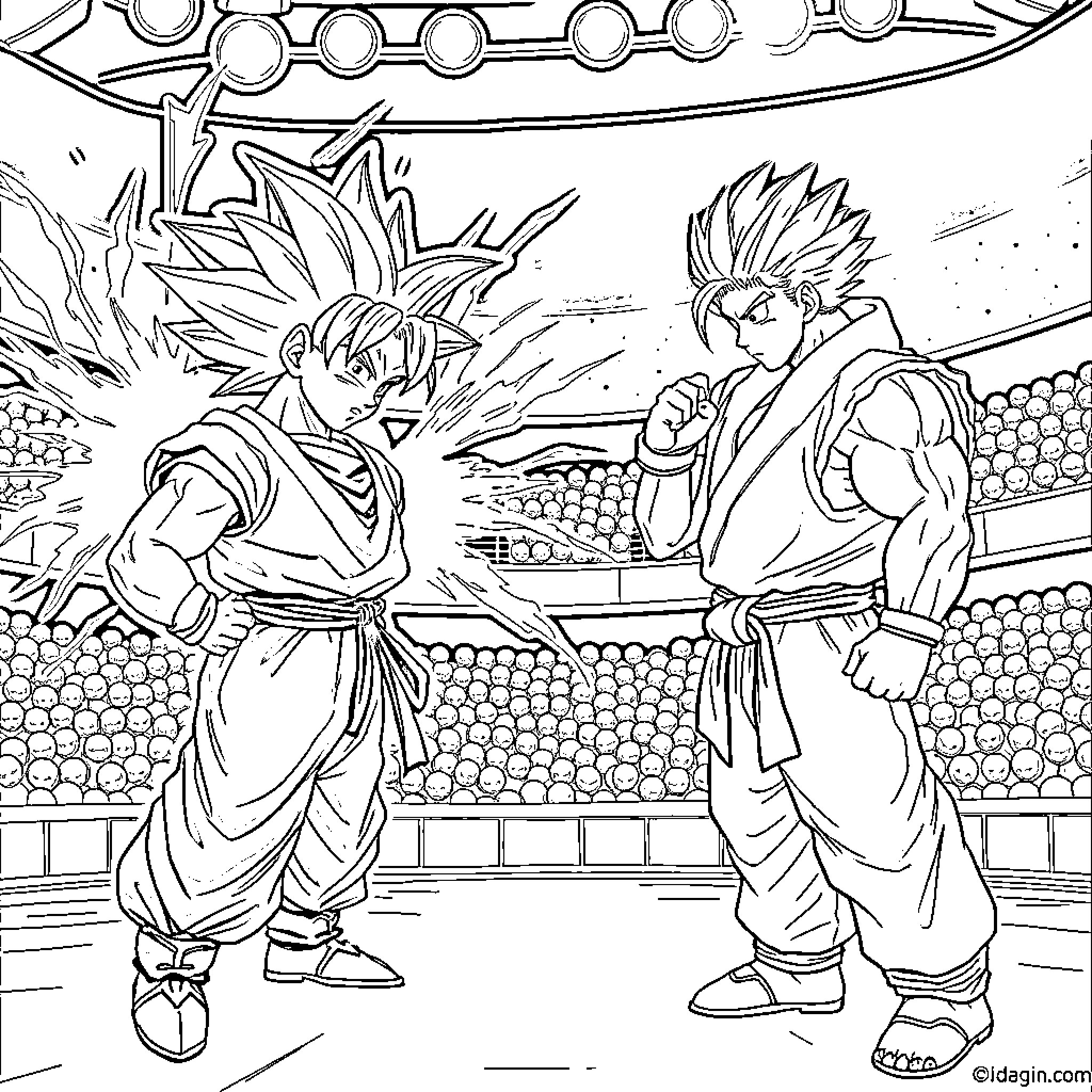 Goku and Vegeta face off in an epic battle Coloring Page (free black-and-white line drawing printable PDF for all, from beginners to advanced learners, including children, teens, adults, and seniors)