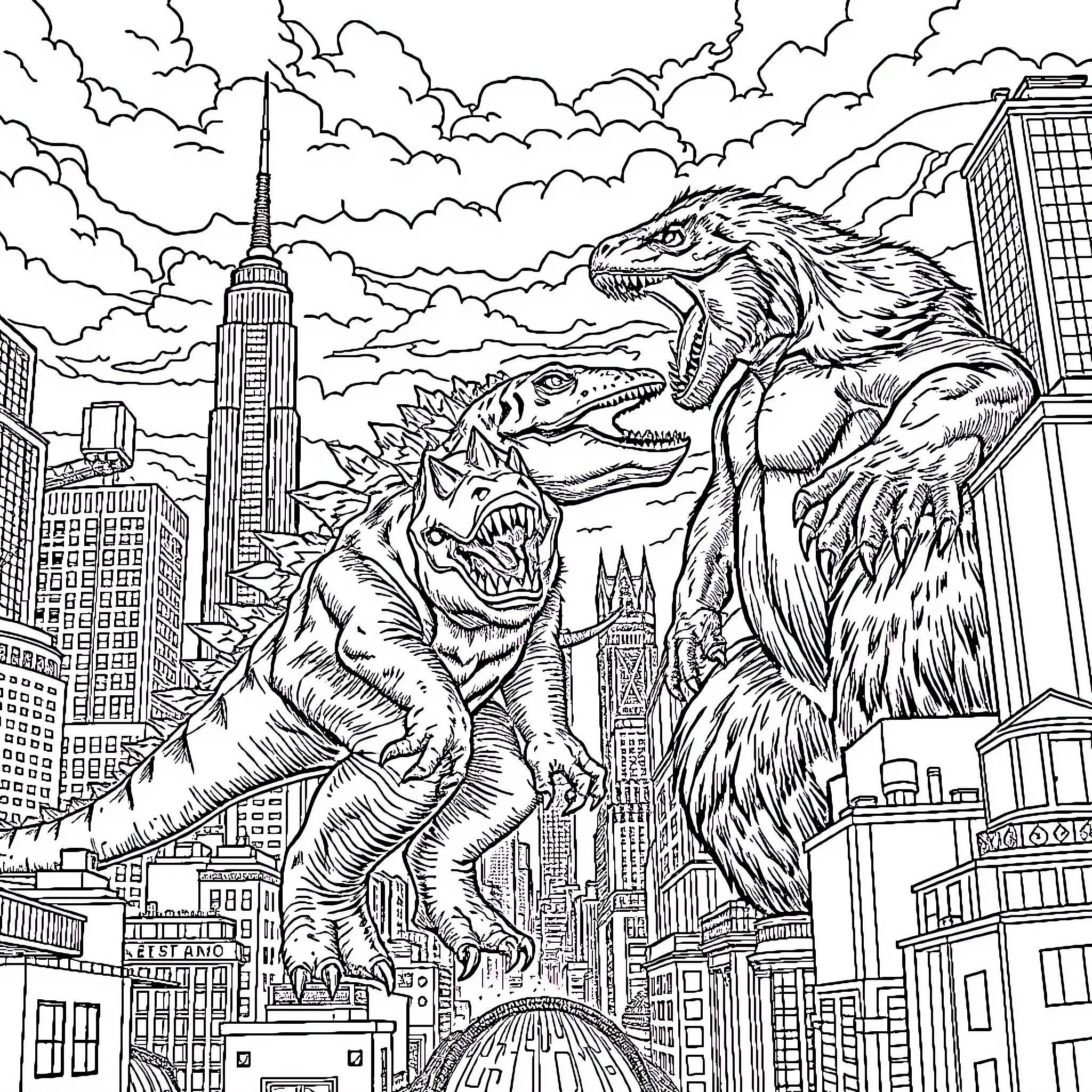 T-Rex Rampaging Through Cityscape with Ferocious Dinosaurs Coloring Page (free black-and-white line drawing printable PDF for all, from beginners to advanced learners, including children, teens, adults, and seniors)