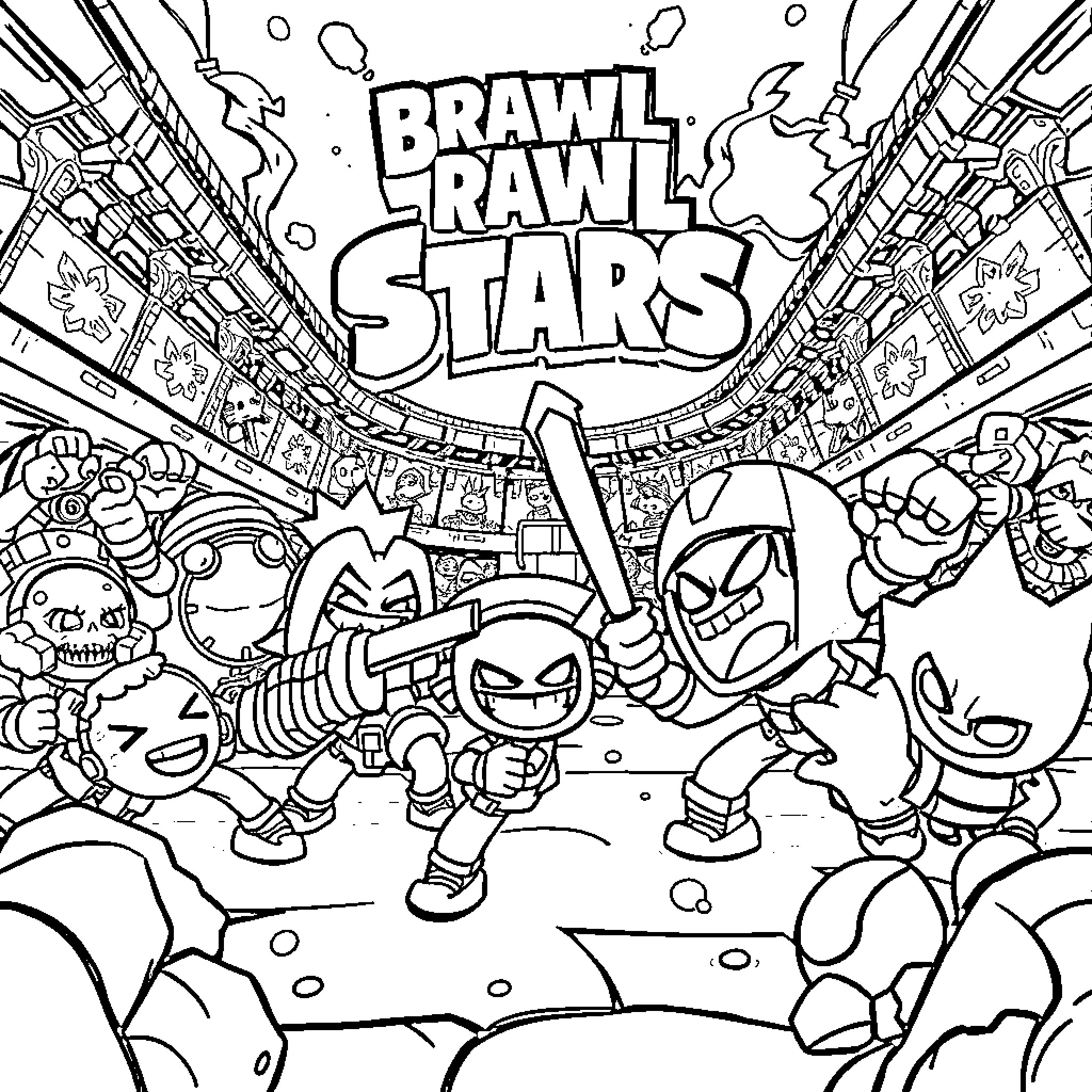 Brawl Stars - Characters in an intense battle scene Coloring Page (free black-and-white line drawing printable PDF for all, from beginners to advanced learners, including children, teens, adults, and seniors)