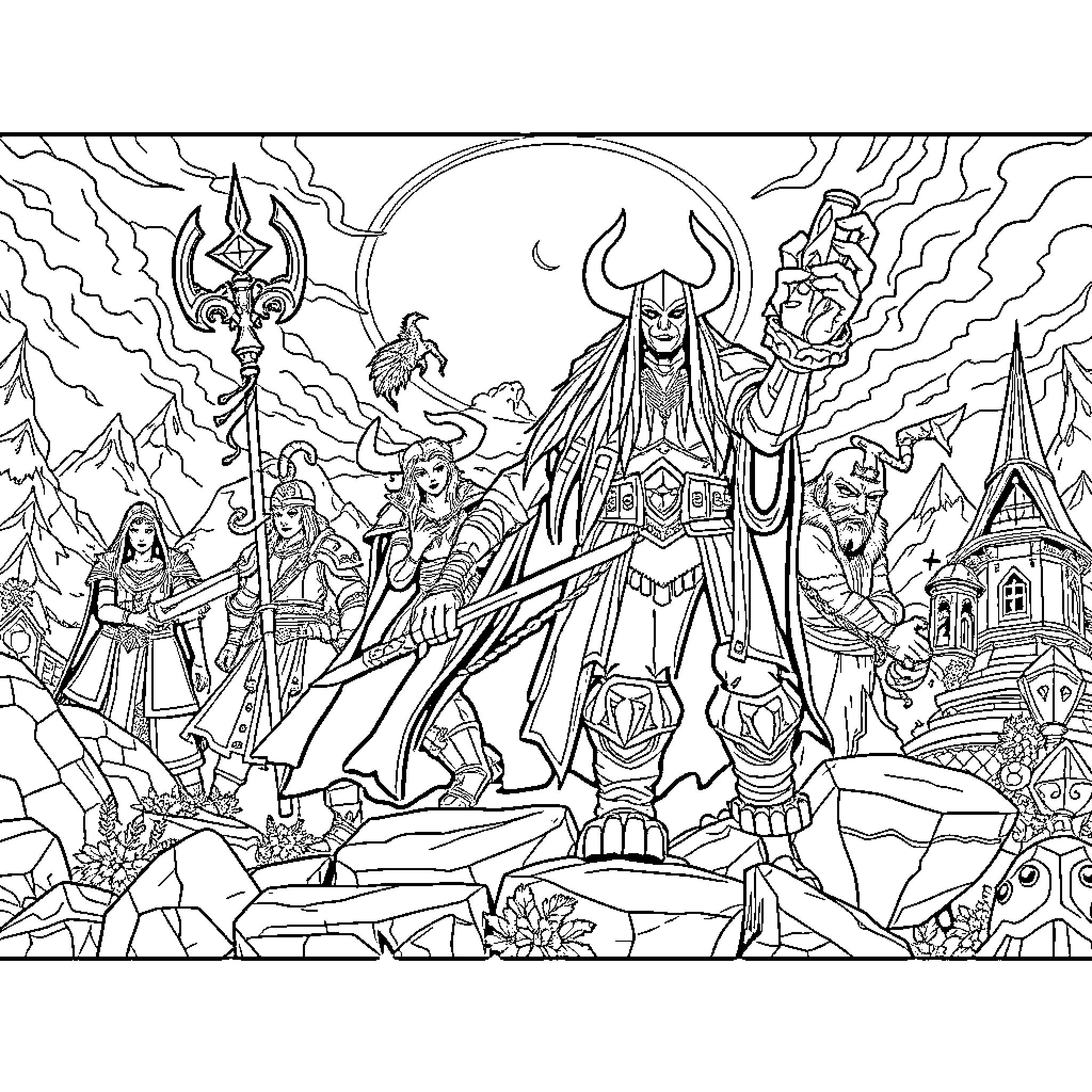 World of Warcraft: Epic Warrior Clash in Fantastical Realm Coloring Page (free black-and-white line drawing printable PDF for all, from beginners to advanced learners, including children, teens, adults, and seniors)