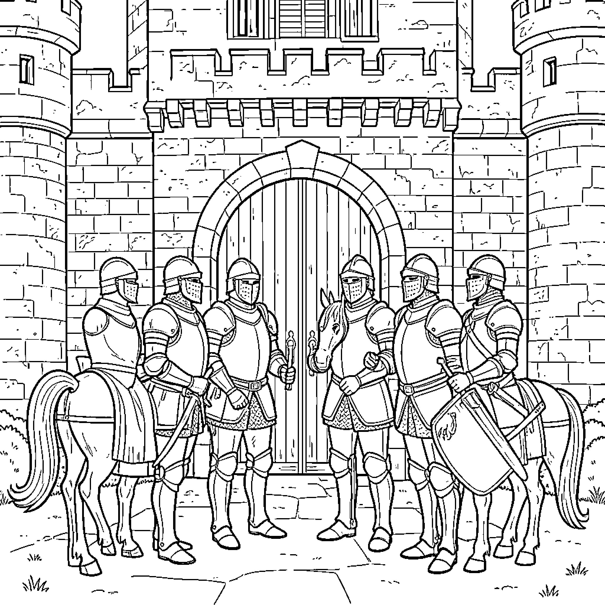 Knight group standing guard in front of a castle Coloring Page (free black-and-white line drawing printable PDF for all, from beginners to advanced learners, including children, teens, adults, and seniors)