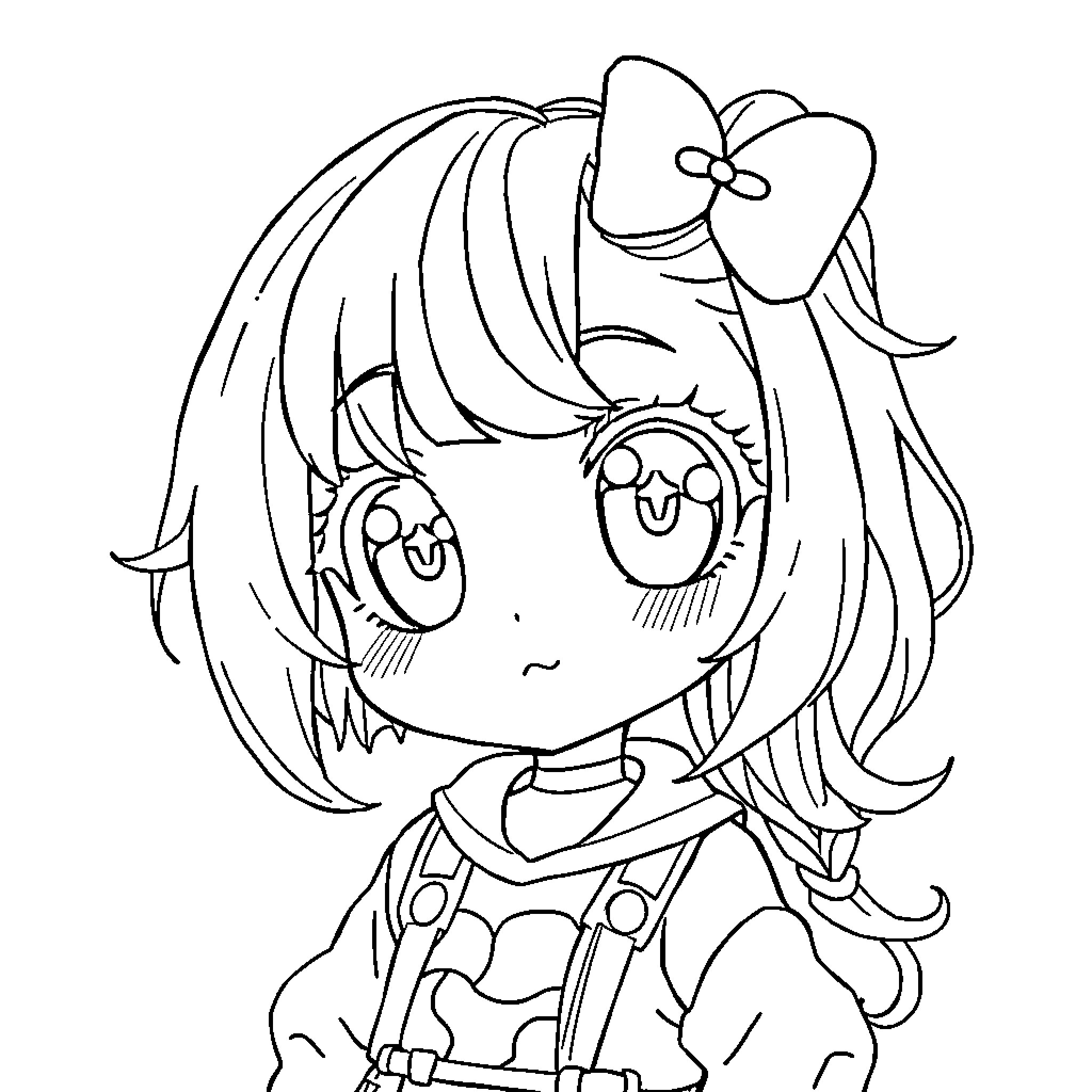 Anime Girl with Bow Headband and Cheerful Expression Coloring Page (free black-and-white line drawing printable PDF for all, from beginners to advanced learners, including children, teens, adults, and seniors)