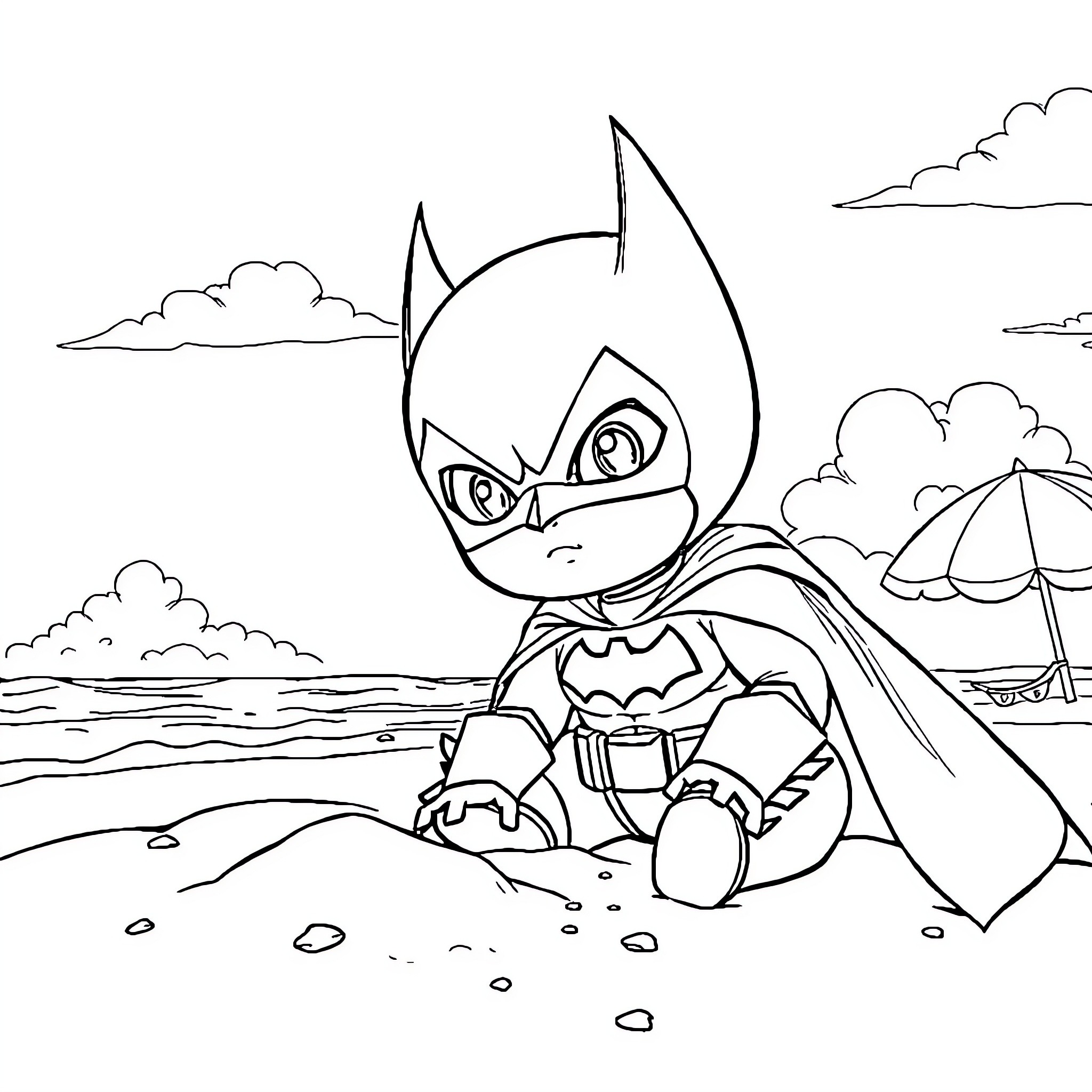 Batman contemplating on the beach Coloring Page (free black-and-white line drawing printable PDF for all, from beginners to advanced learners, including children, teens, adults, and seniors)