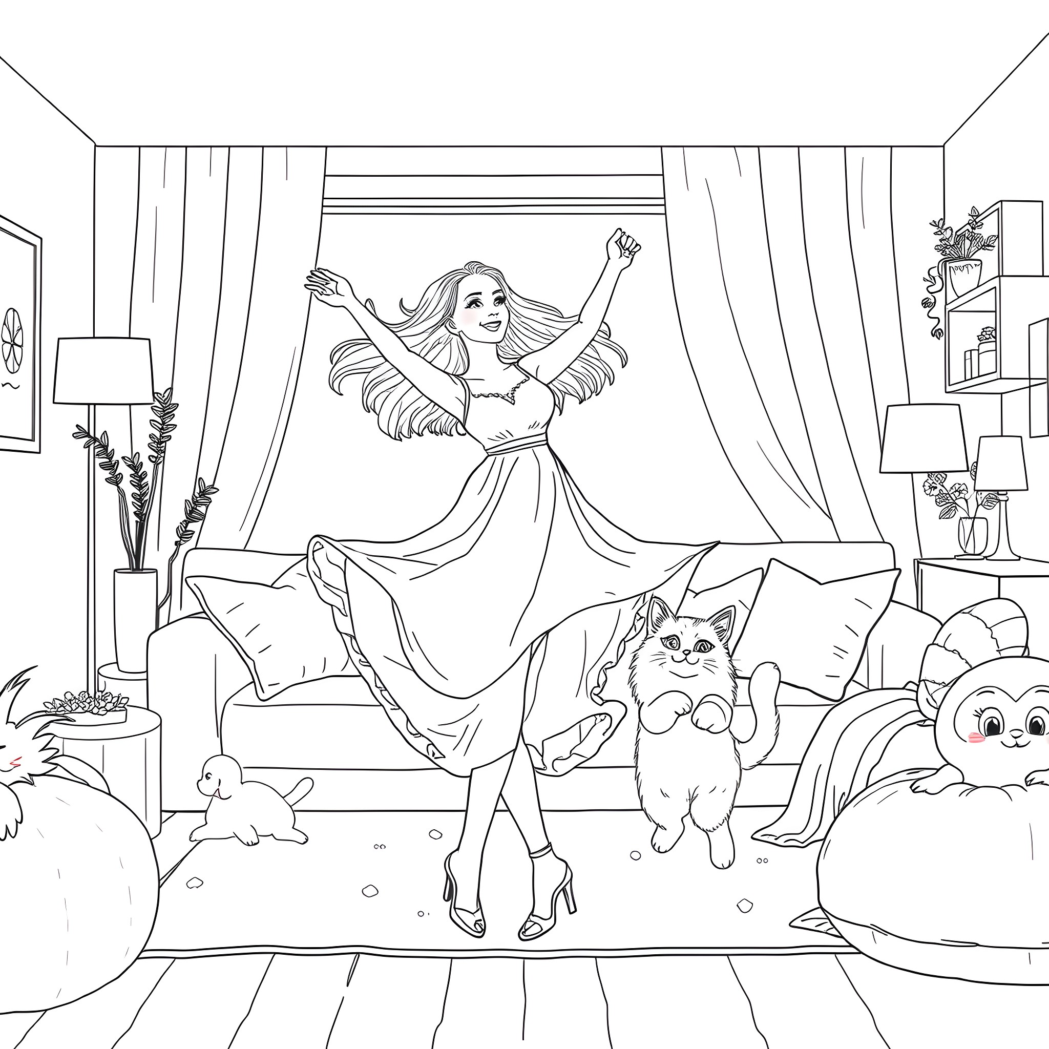 Girlfriend dances joyfully with pets in cozy home Coloring Page (free black-and-white line drawing printable PDF for all, from beginners to advanced learners, including children, teens, adults, and seniors)