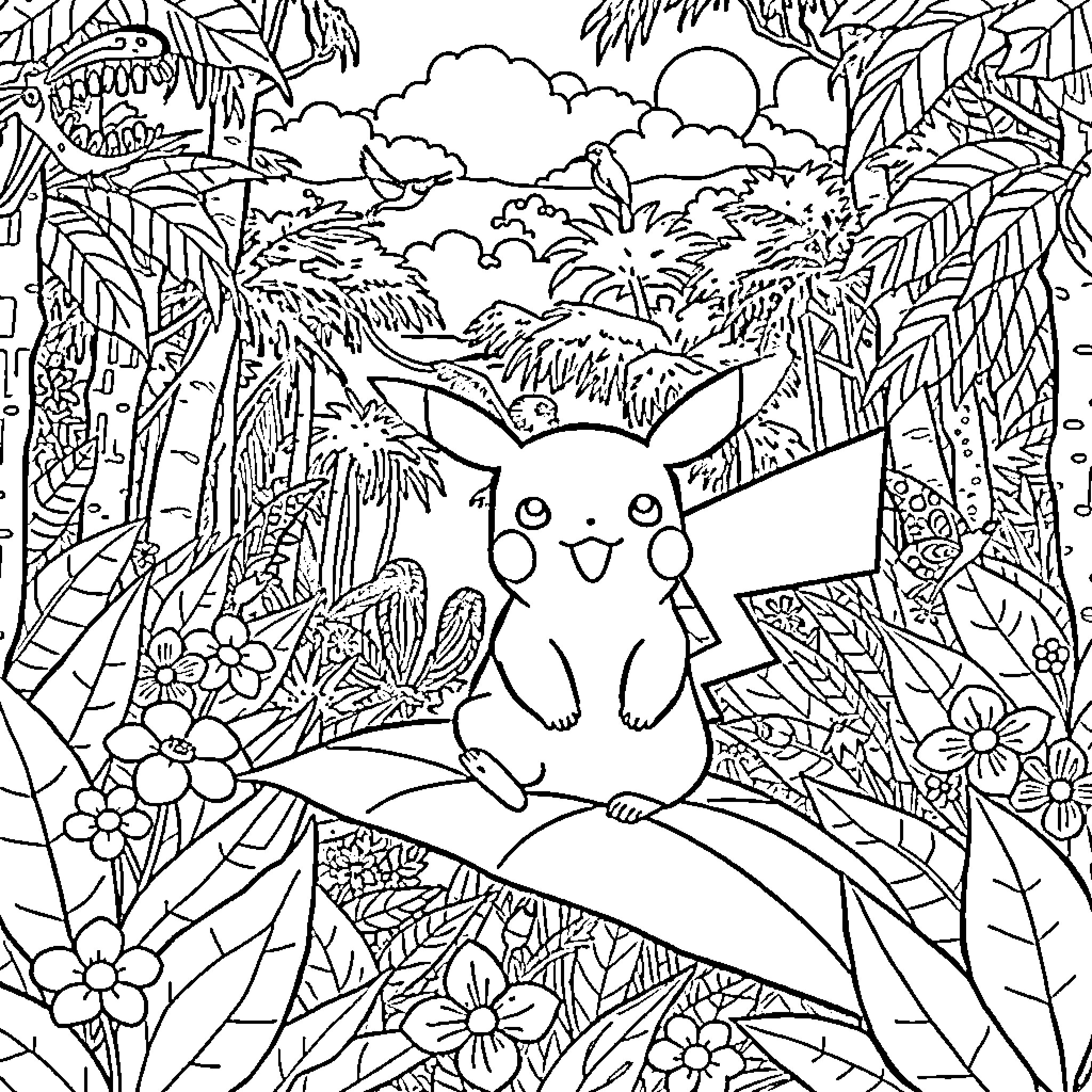 Pikachu enjoying the tropical jungle scenery Coloring Page (free black-and-white line drawing printable PDF for all, from beginners to advanced learners, including children, teens, adults, and seniors)