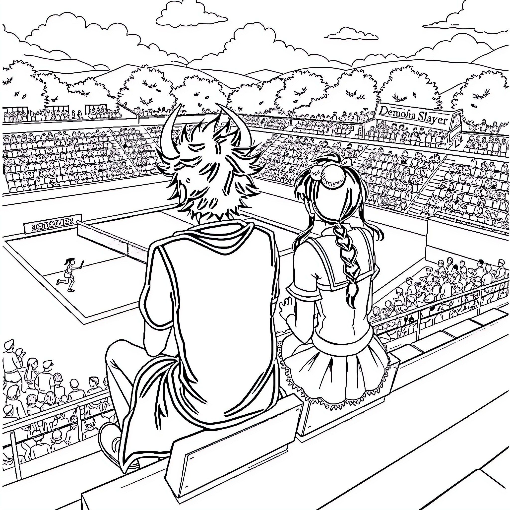 Demon Slayer Fighting Match in Stadium Coloring Page (free black-and-white line drawing printable PDF for all, from beginners to advanced learners, including children, teens, adults, and seniors)