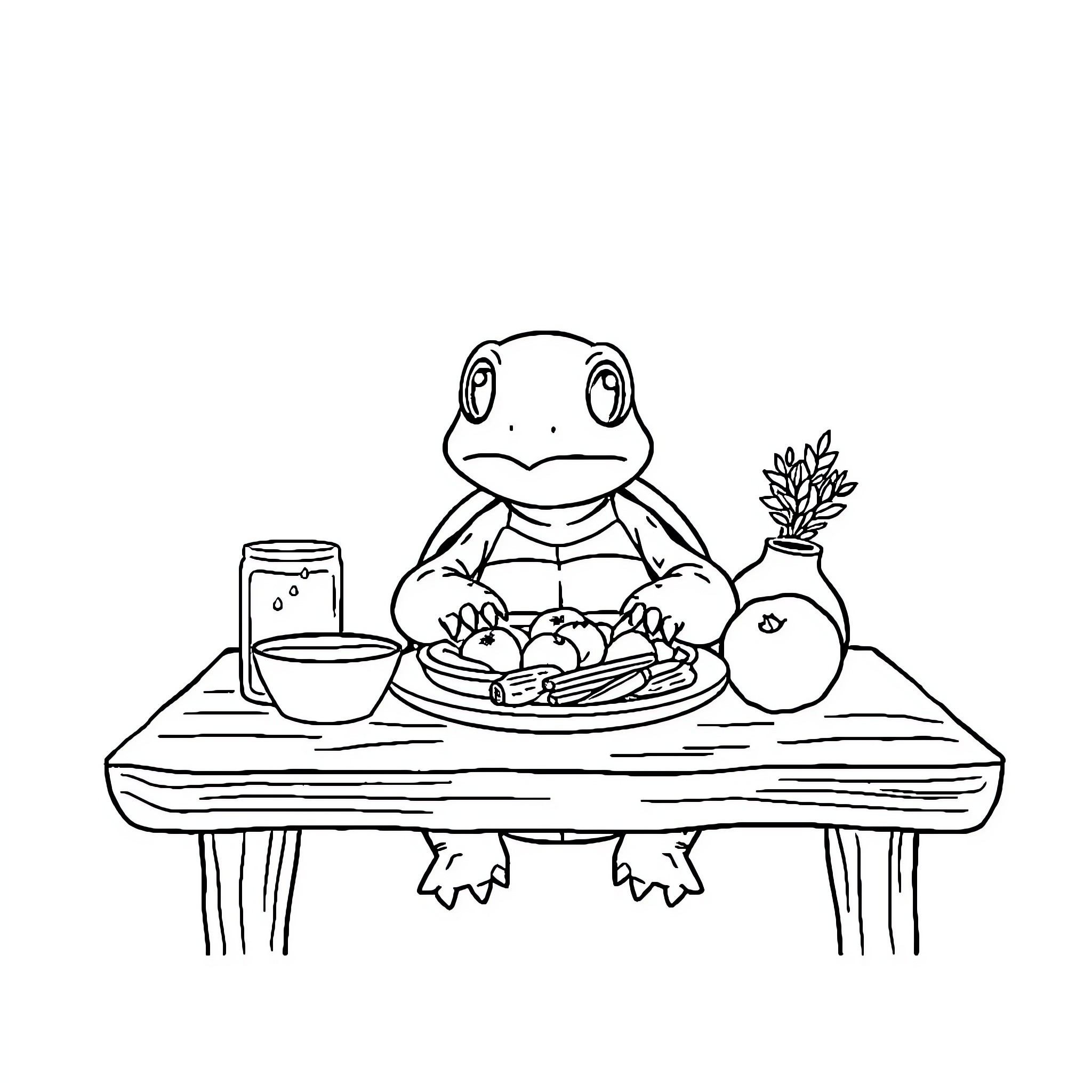 Turtle enjoying a tasty meal at the table Coloring Page (free black-and-white line drawing printable PDF for all, from beginners to advanced learners, including children, teens, adults, and seniors)