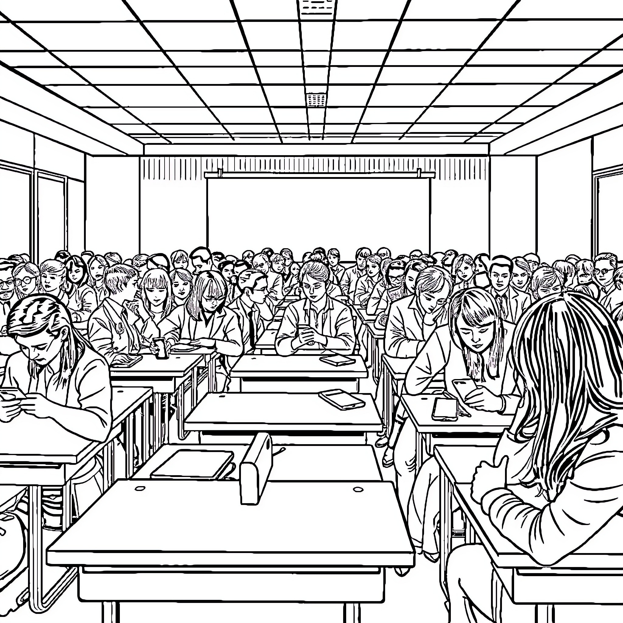 Students Studying Diligently in Classroom Coloring Page (free black-and-white line drawing printable PDF for all, from beginners to advanced learners, including children, teens, adults, and seniors)