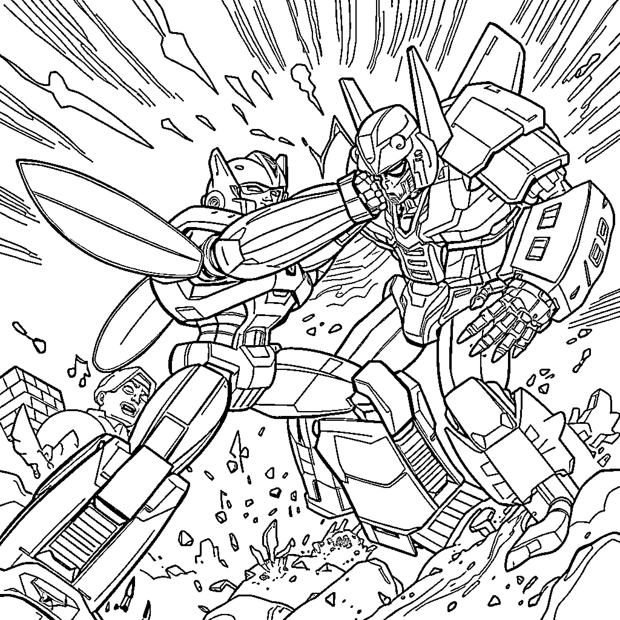 Bumblebee robot in action-packed combat scene Coloring Page (free black-and-white line drawing printable PDF for all, from beginners to advanced learners, including children, teens, adults, and seniors)