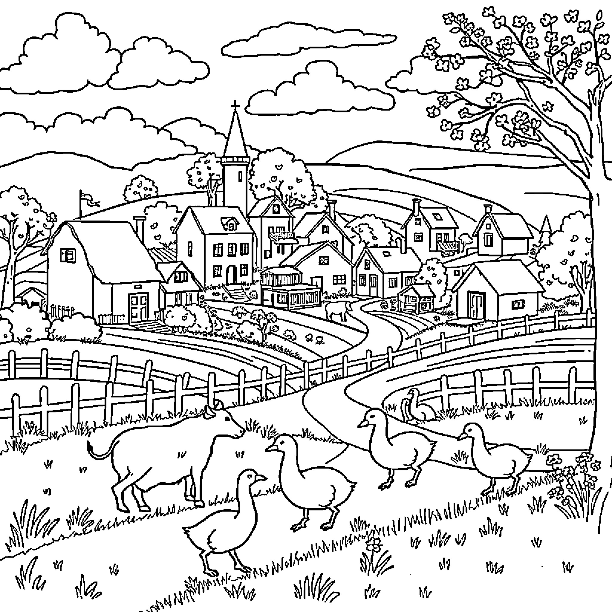 Village Landscape with Charming Cottages and Grazing Animals Coloring Page (free black-and-white line drawing printable PDF for all, from beginners to advanced learners, including children, teens, adults, and seniors)