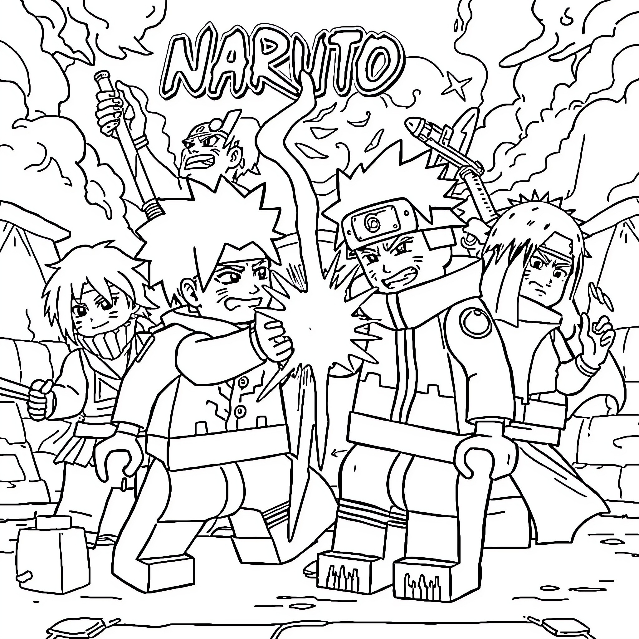 Naruto characters in action-packed scene Coloring Page (free black-and-white line drawing printable PDF for all, from beginners to advanced learners, including children, teens, adults, and seniors)