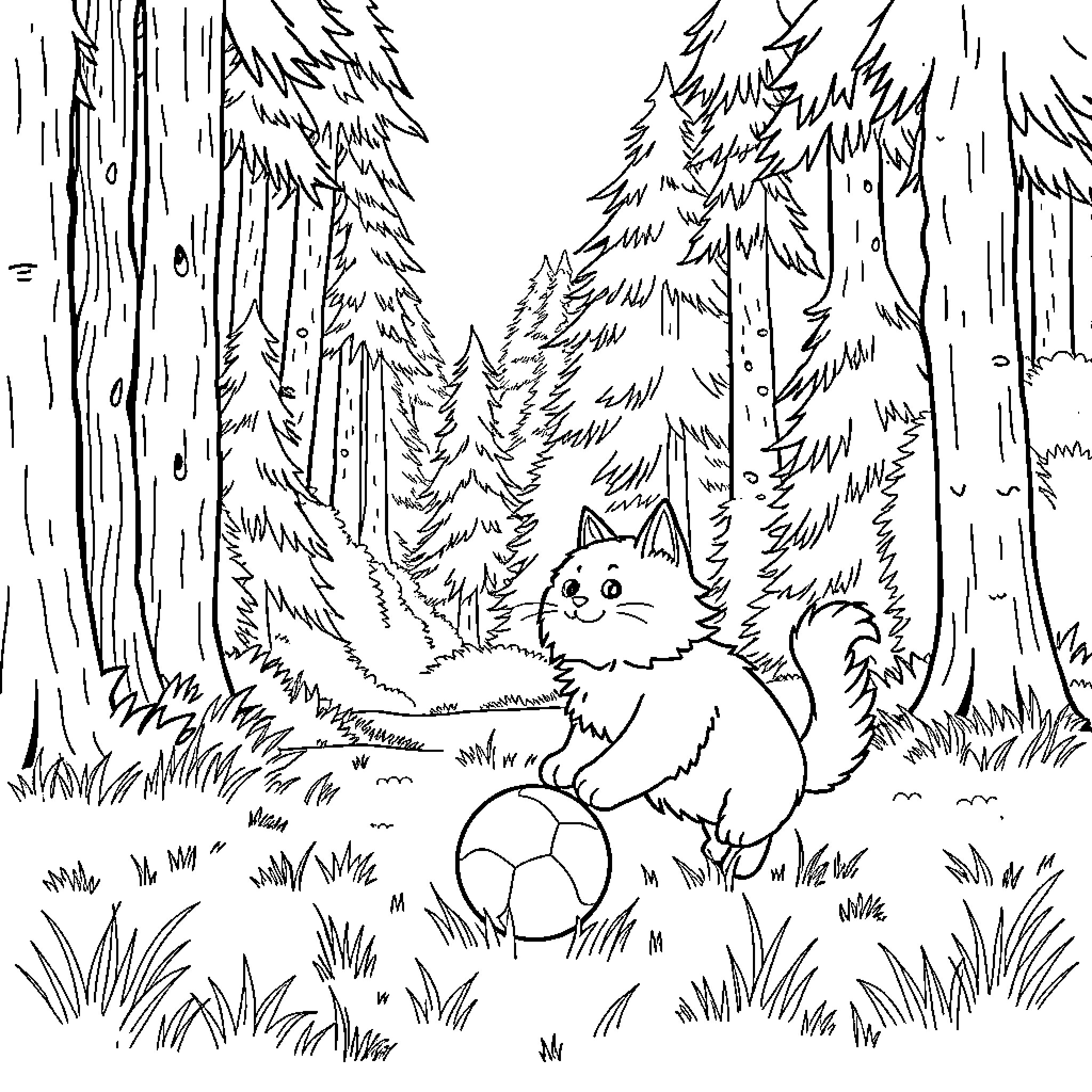 Cat exploring forest with ball Coloring Page (free black-and-white line drawing printable PDF for all, from beginners to advanced learners, including children, teens, adults, and seniors)