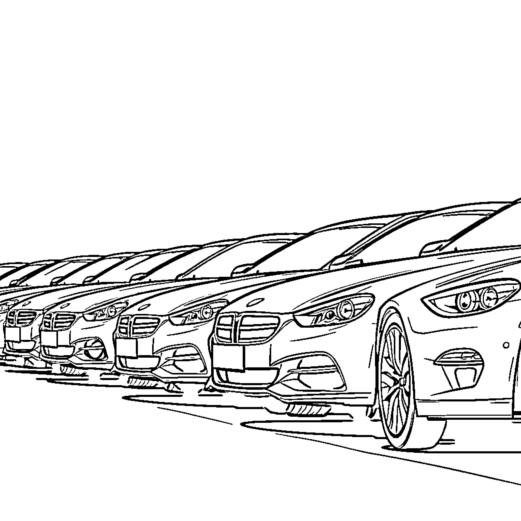 Car Lineup at Dealership Showroom Coloring Page (free black-and-white line drawing printable PDF for all, from beginners to advanced learners, including children, teens, adults, and seniors)