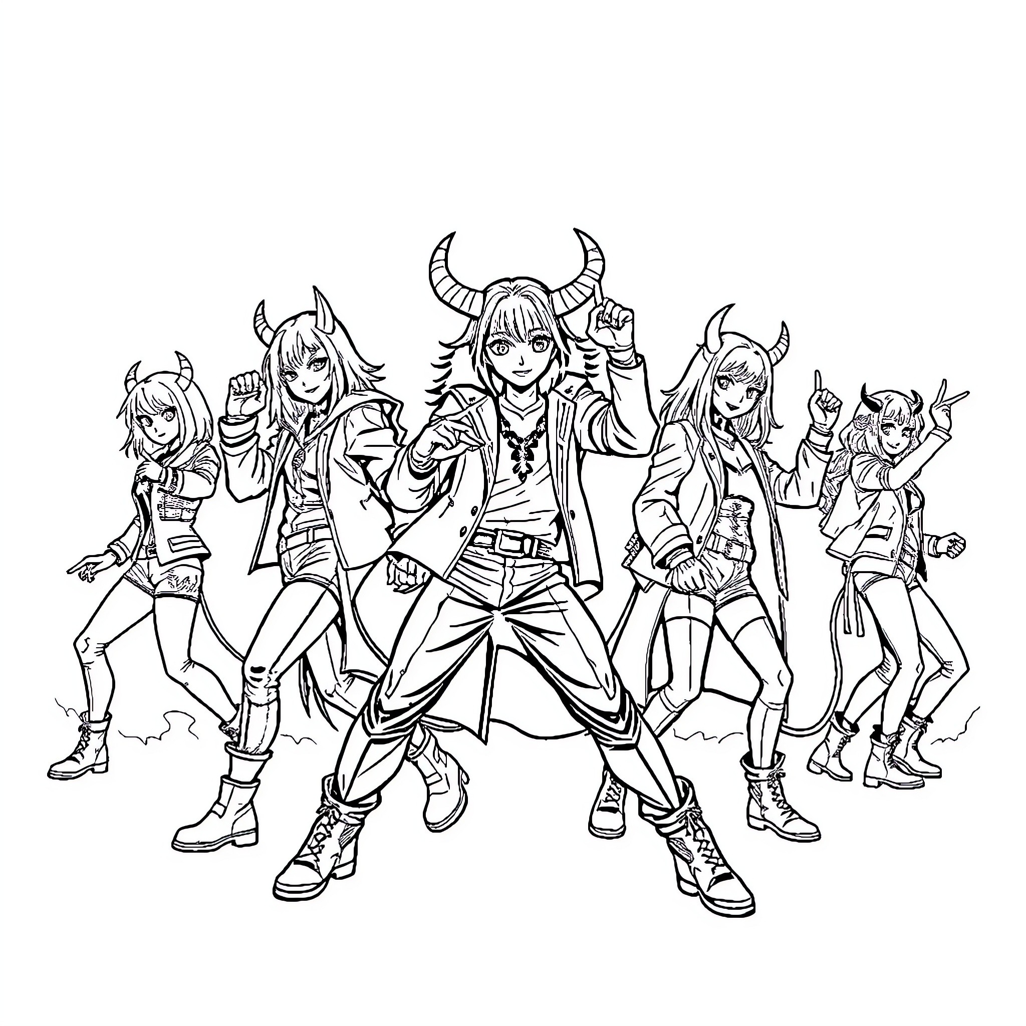 Kpop Demon Idols Performing on Stage Coloring Page (free black-and-white line drawing printable PDF for all, from beginners to advanced learners, including children, teens, adults, and seniors)