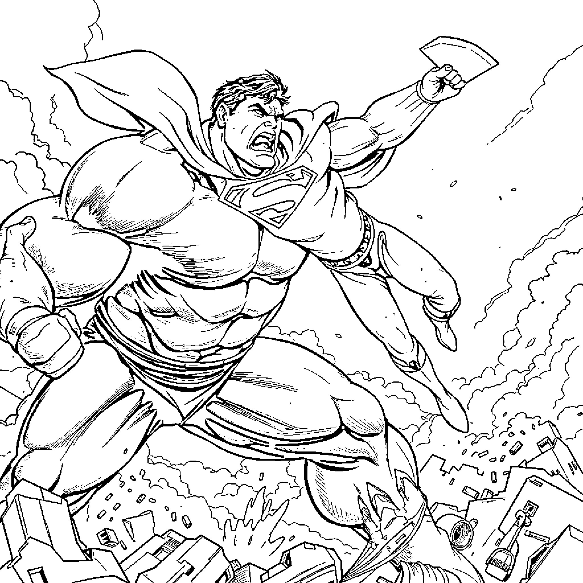 Superman in action-packed heroic pose Coloring Page (free black-and-white line drawing printable PDF for all, from beginners to advanced learners, including children, teens, adults, and seniors)