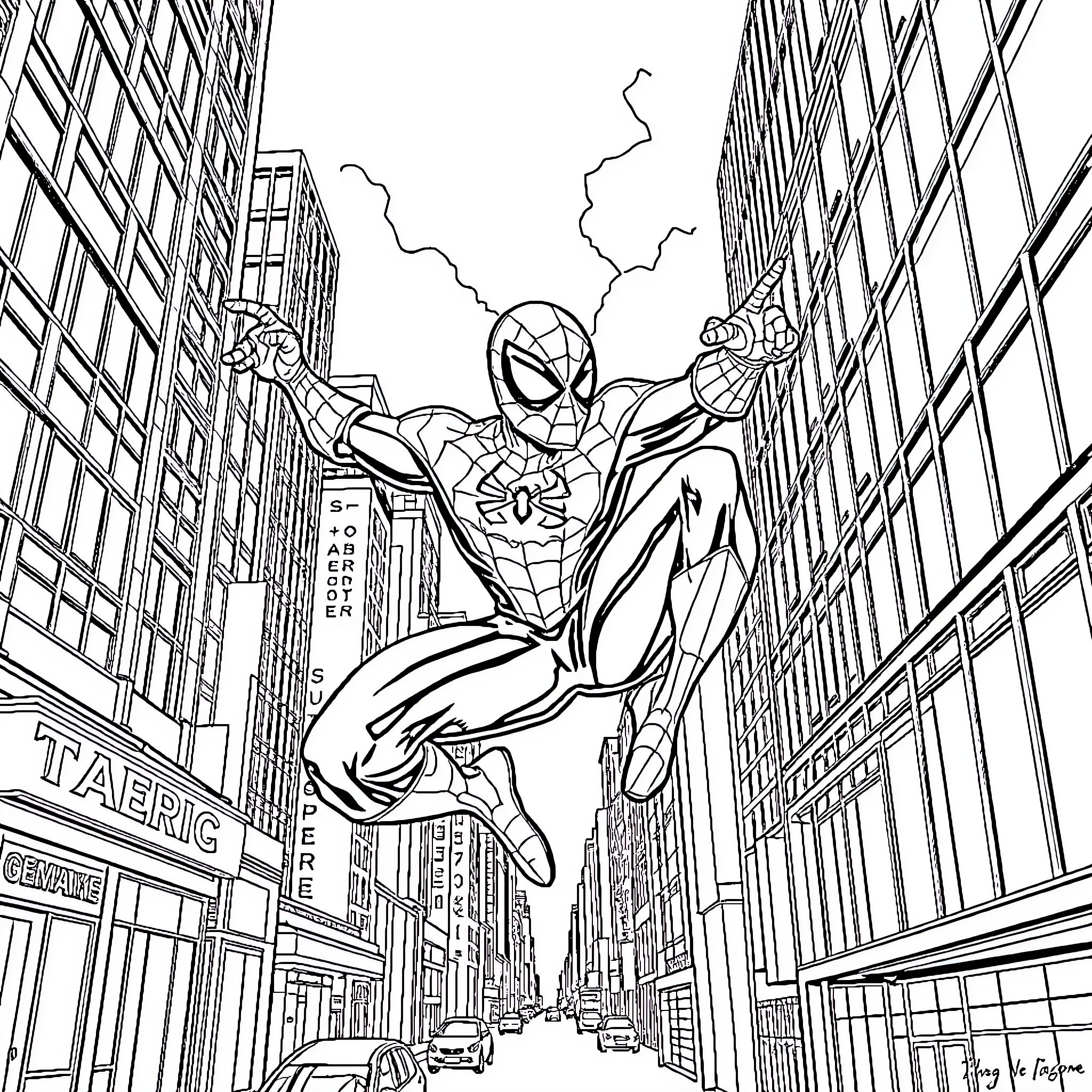 Spiderman swinging through the city streets Coloring Page (free black-and-white line drawing printable PDF for all, from beginners to advanced learners, including children, teens, adults, and seniors)