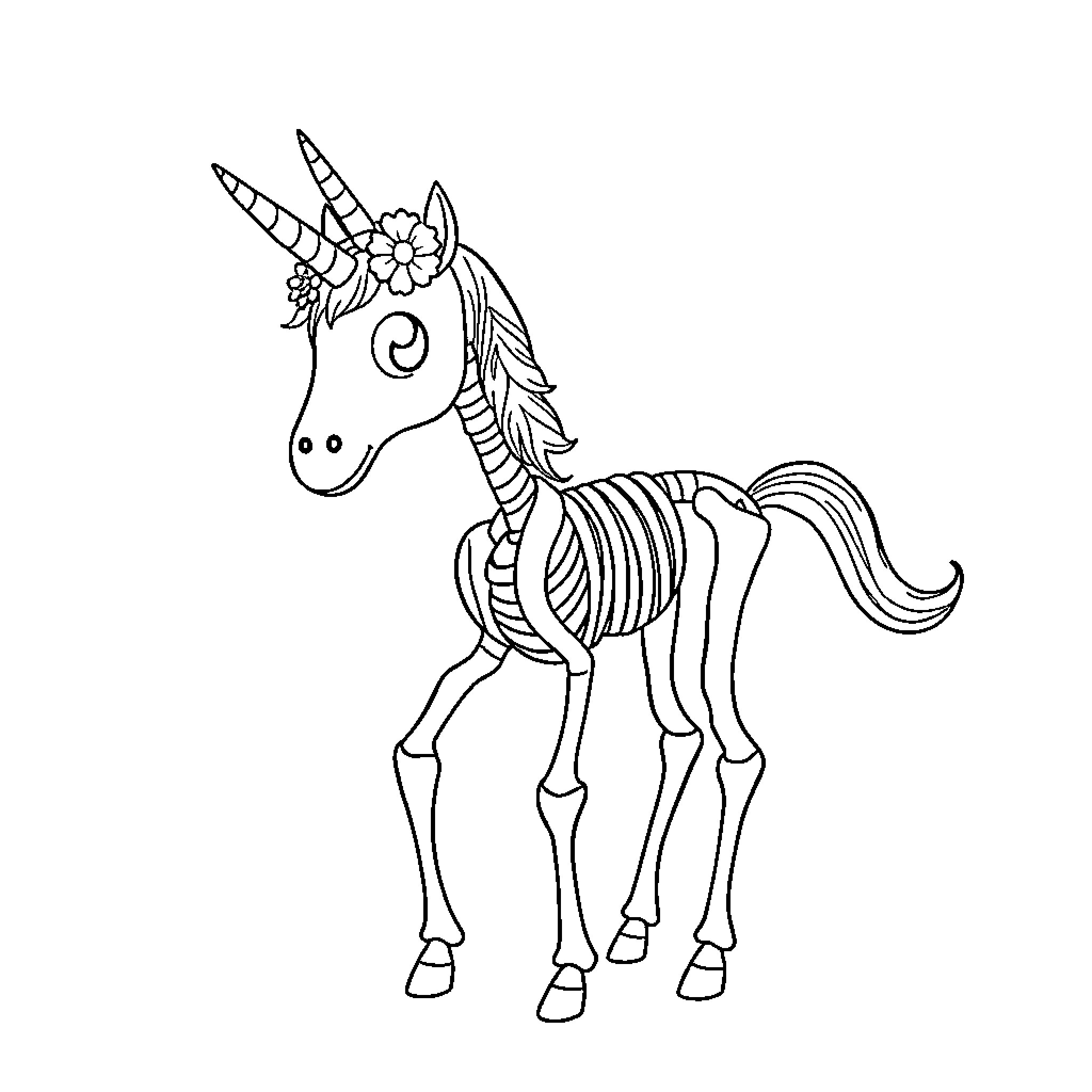 Unicorn with intricate floral headpiece Coloring Page (free black-and-white line drawing printable PDF for all, from beginners to advanced learners, including children, teens, adults, and seniors)