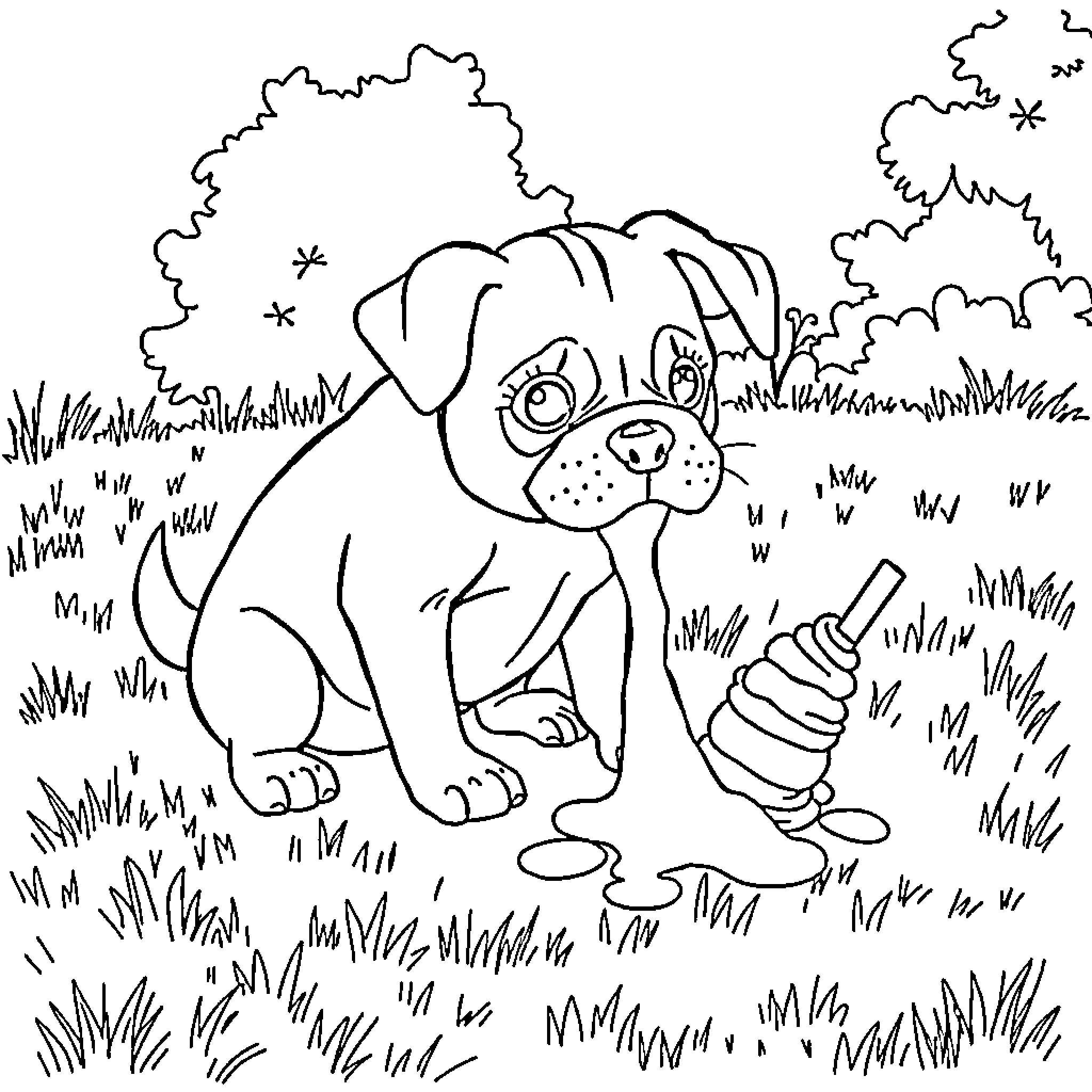 Dog playing with a bone in the garden Coloring Page (free black-and-white line drawing printable PDF for all, from beginners to advanced learners, including children, teens, adults, and seniors)