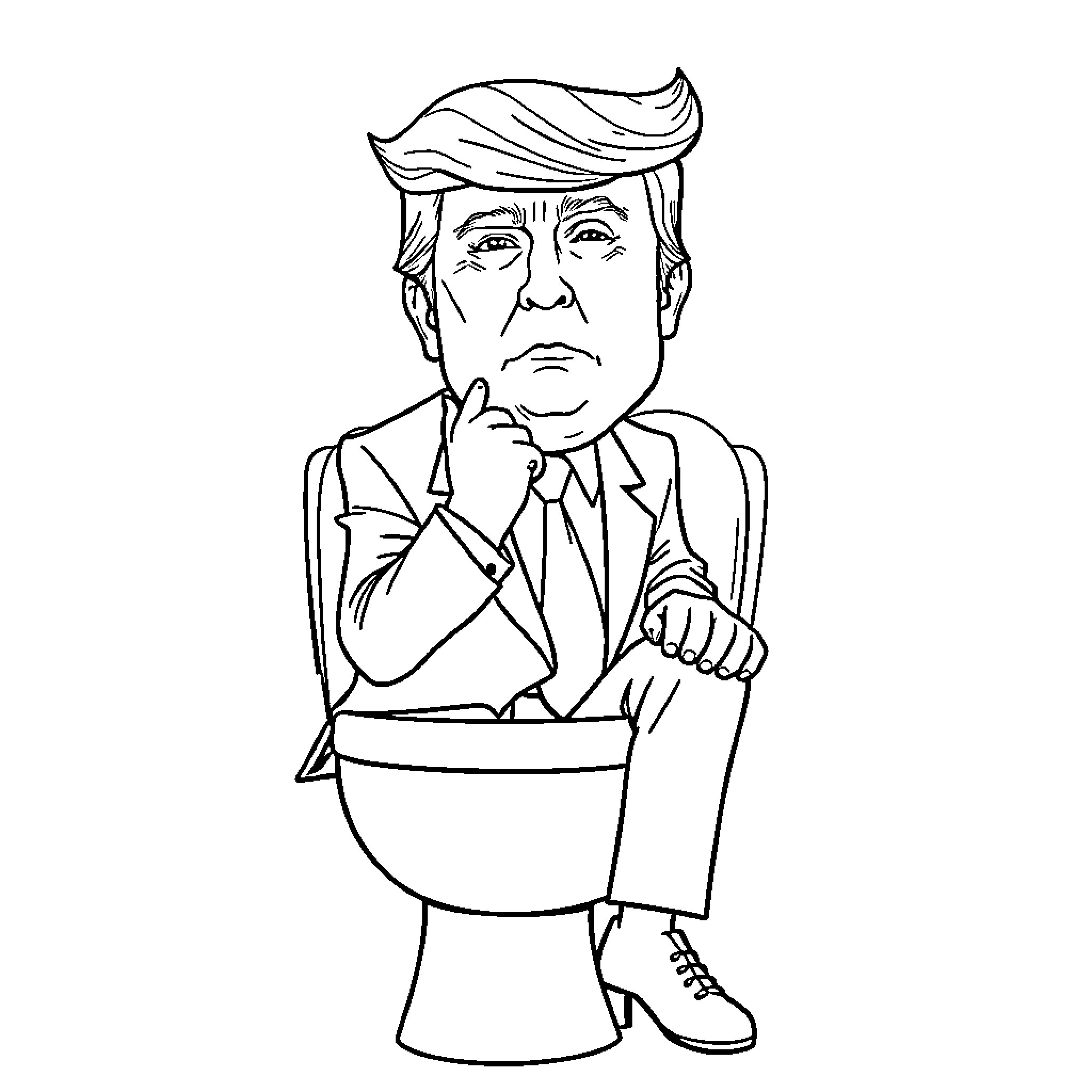 Trump Contemplating in Formal Attire Coloring Page (free black-and-white line drawing printable PDF for all, from beginners to advanced learners, including children, teens, adults, and seniors)