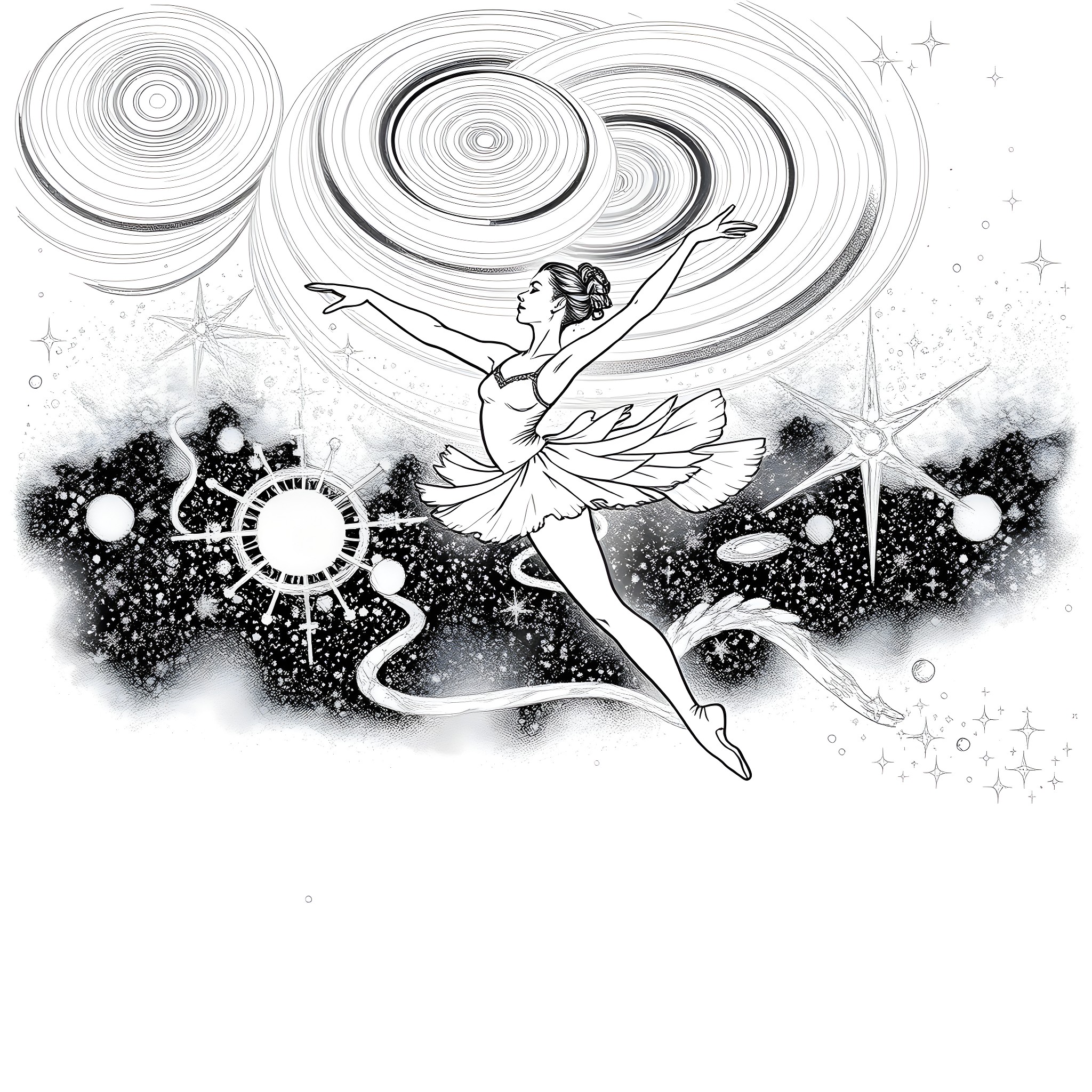 Ballet dancer performing with cosmic energy Coloring Page (free black-and-white line drawing printable PDF for all, from beginners to advanced learners, including children, teens, adults, and seniors)