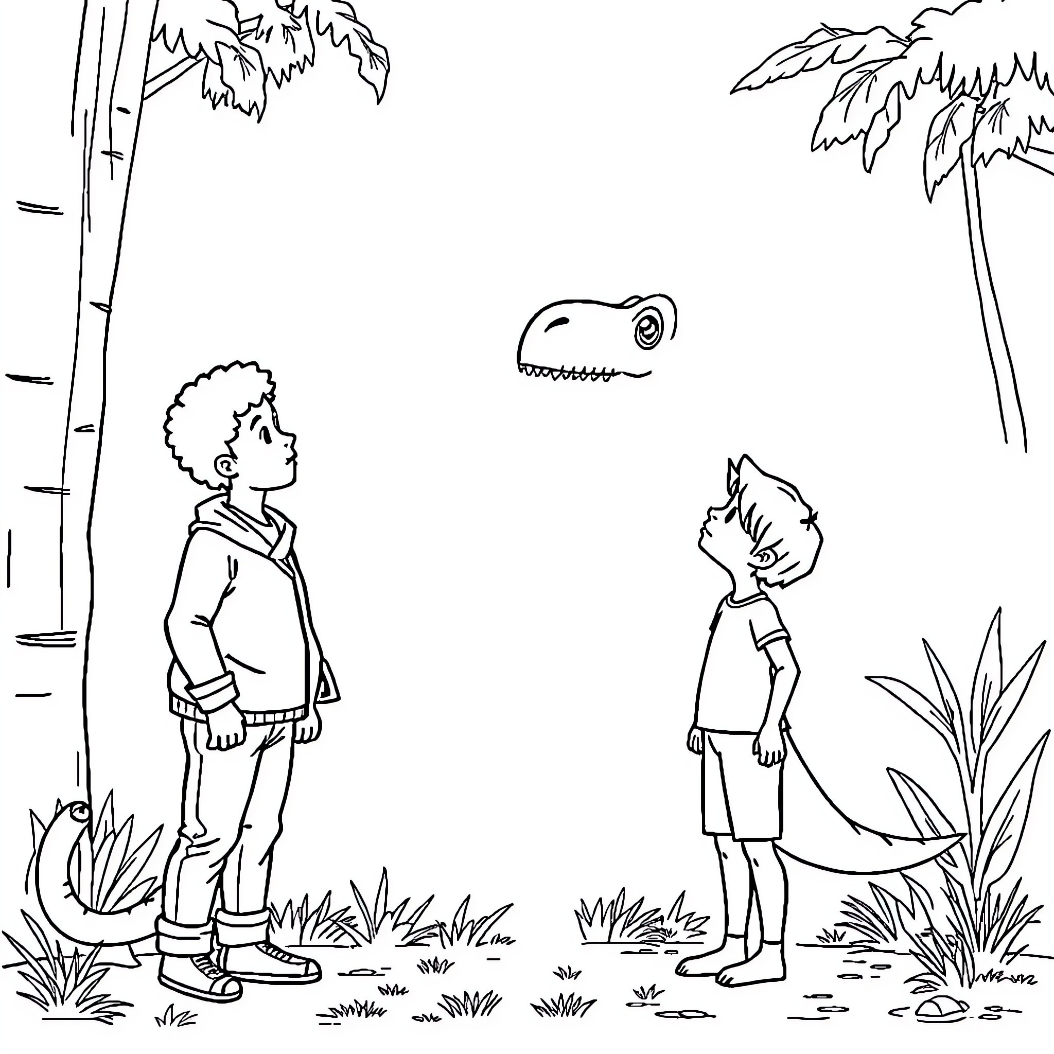 Dinosaur Friends Exploring the Jungle Coloring Page (free black-and-white line drawing printable PDF for all, from beginners to advanced learners, including children, teens, adults, and seniors)