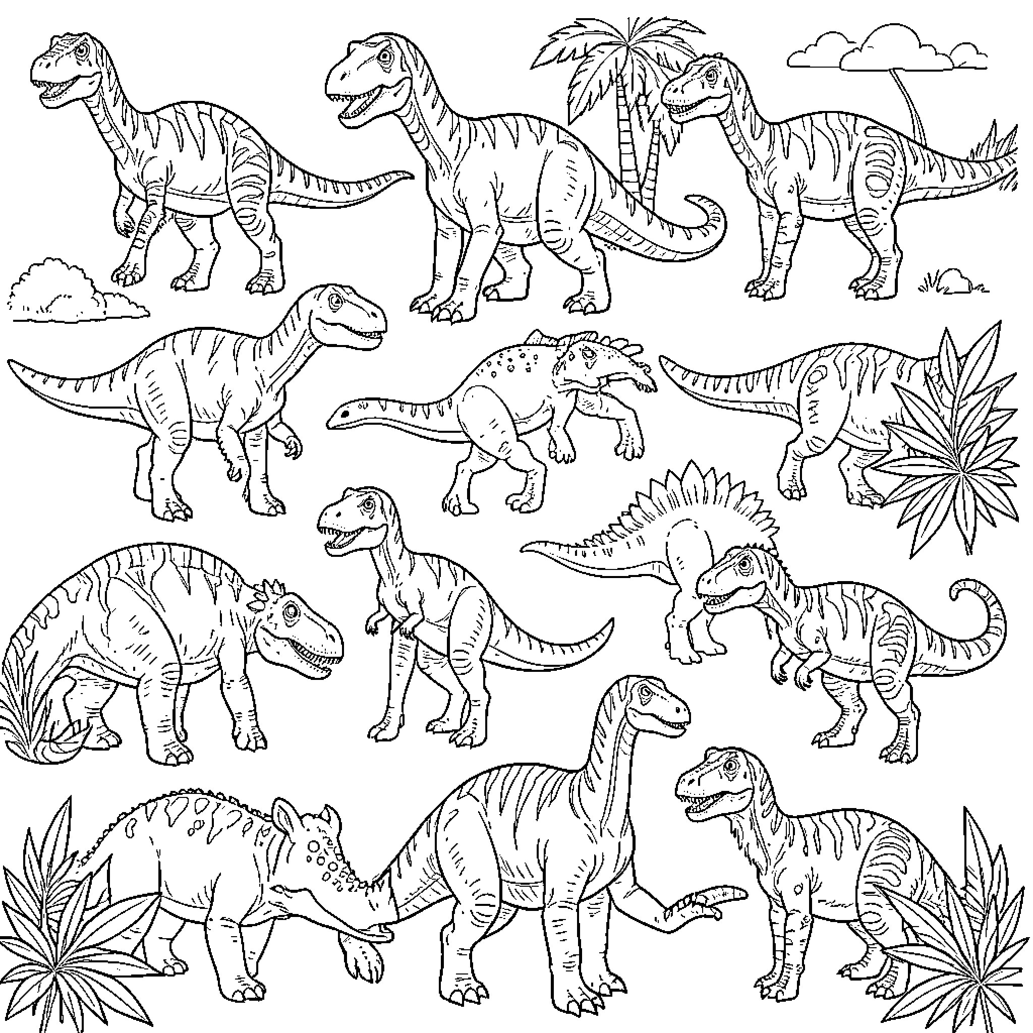 Dinosaur collection showcasing various species in natural landscapes Coloring Page (free black-and-white line drawing printable PDF for all, from beginners to advanced learners, including children, teens, adults, and seniors)