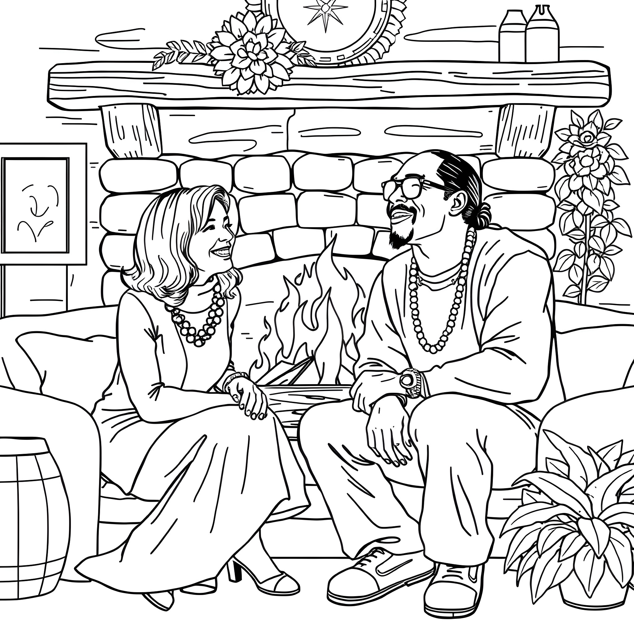 Martha Stewart enjoying conversation with friend in cozy interior Coloring Page (free black-and-white line drawing printable PDF for all, from beginners to advanced learners, including children, teens, adults, and seniors)