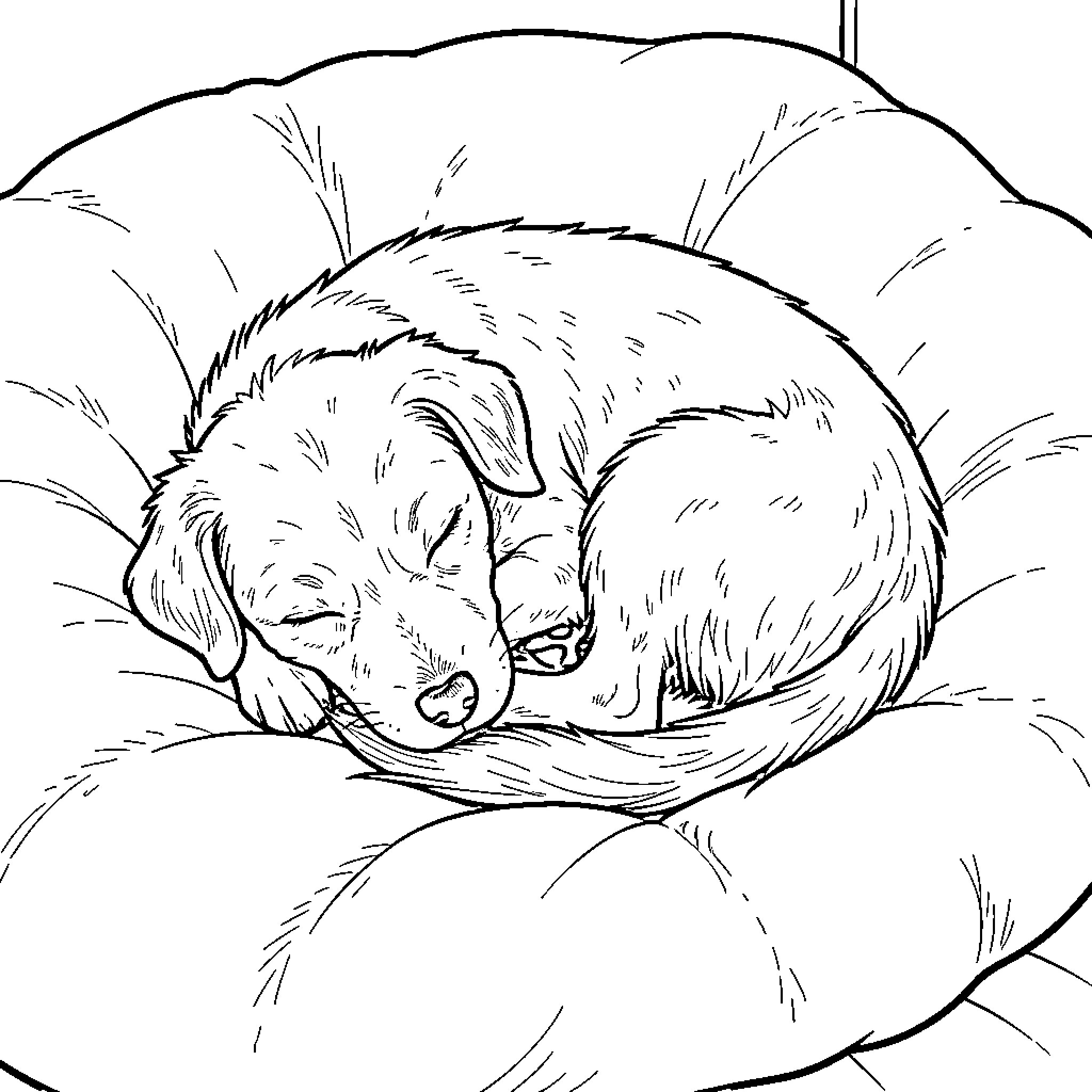 Dog sleeping peacefully in the wild Coloring Page (free black-and-white line drawing printable PDF for all, from beginners to advanced learners, including children, teens, adults, and seniors)