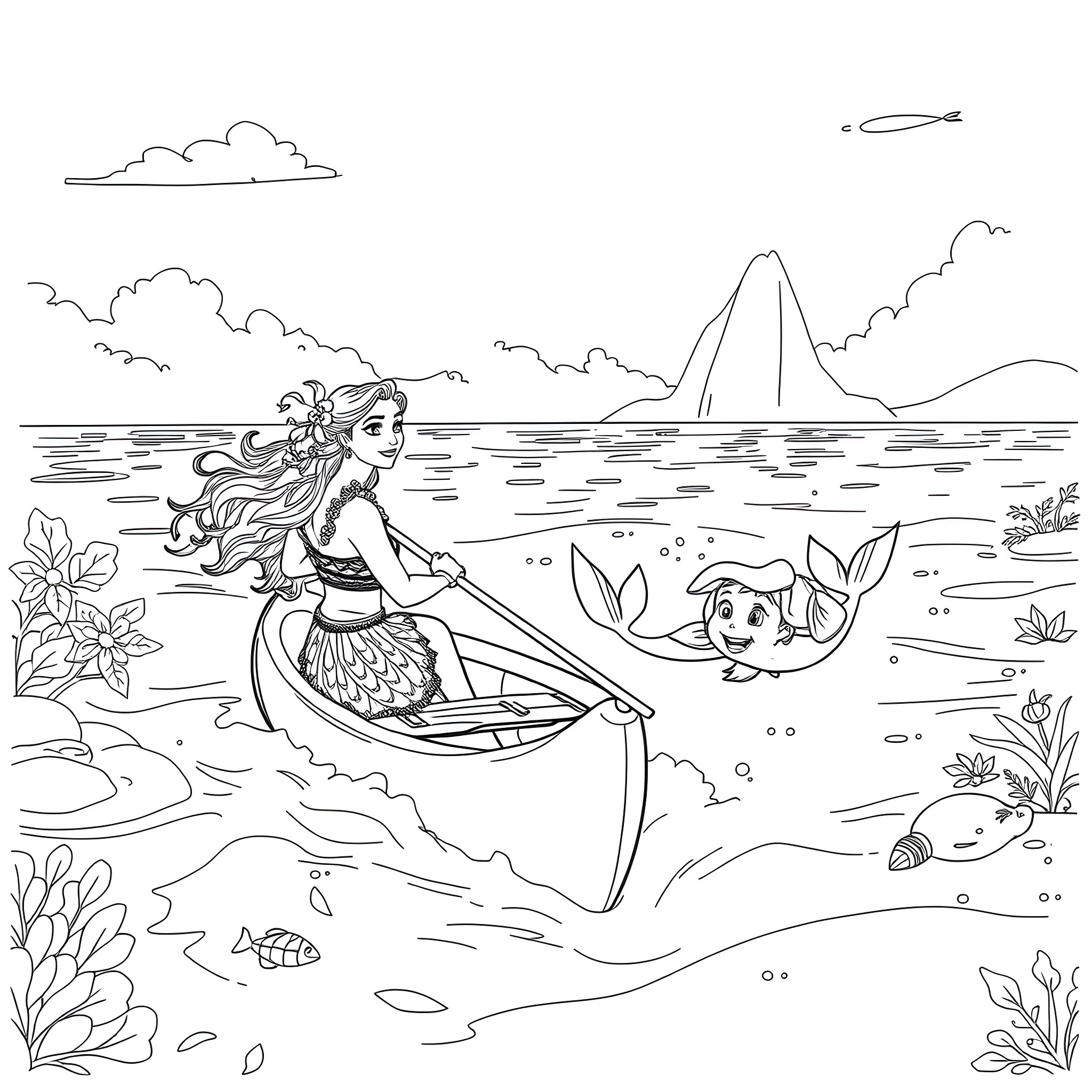 Moana sailing in the ocean with companions Coloring Page (free black-and-white line drawing printable PDF for all, from beginners to advanced learners, including children, teens, adults, and seniors)