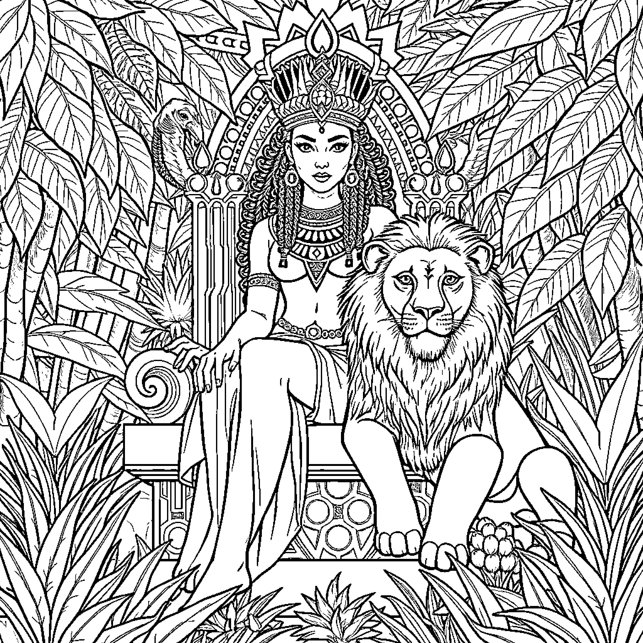 Nubia: Powerful Goddess with Majestic Lion Coloring Page (free black-and-white line drawing printable PDF for all, from beginners to advanced learners, including children, teens, adults, and seniors)