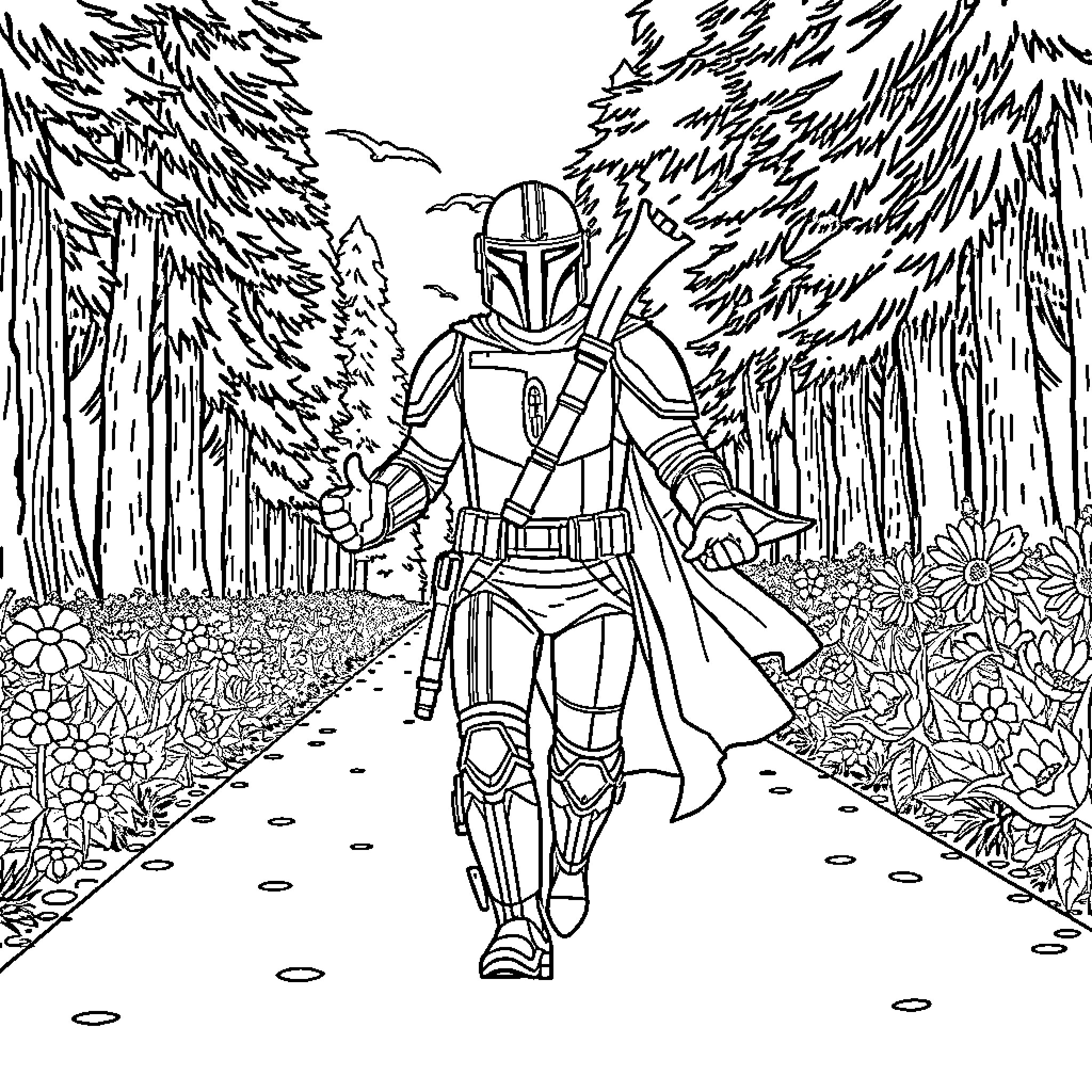 Mandalorian Warrior Traversing Enchanted Forest Path Coloring Page (free black-and-white line drawing printable PDF for all, from beginners to advanced learners, including children, teens, adults, and seniors)