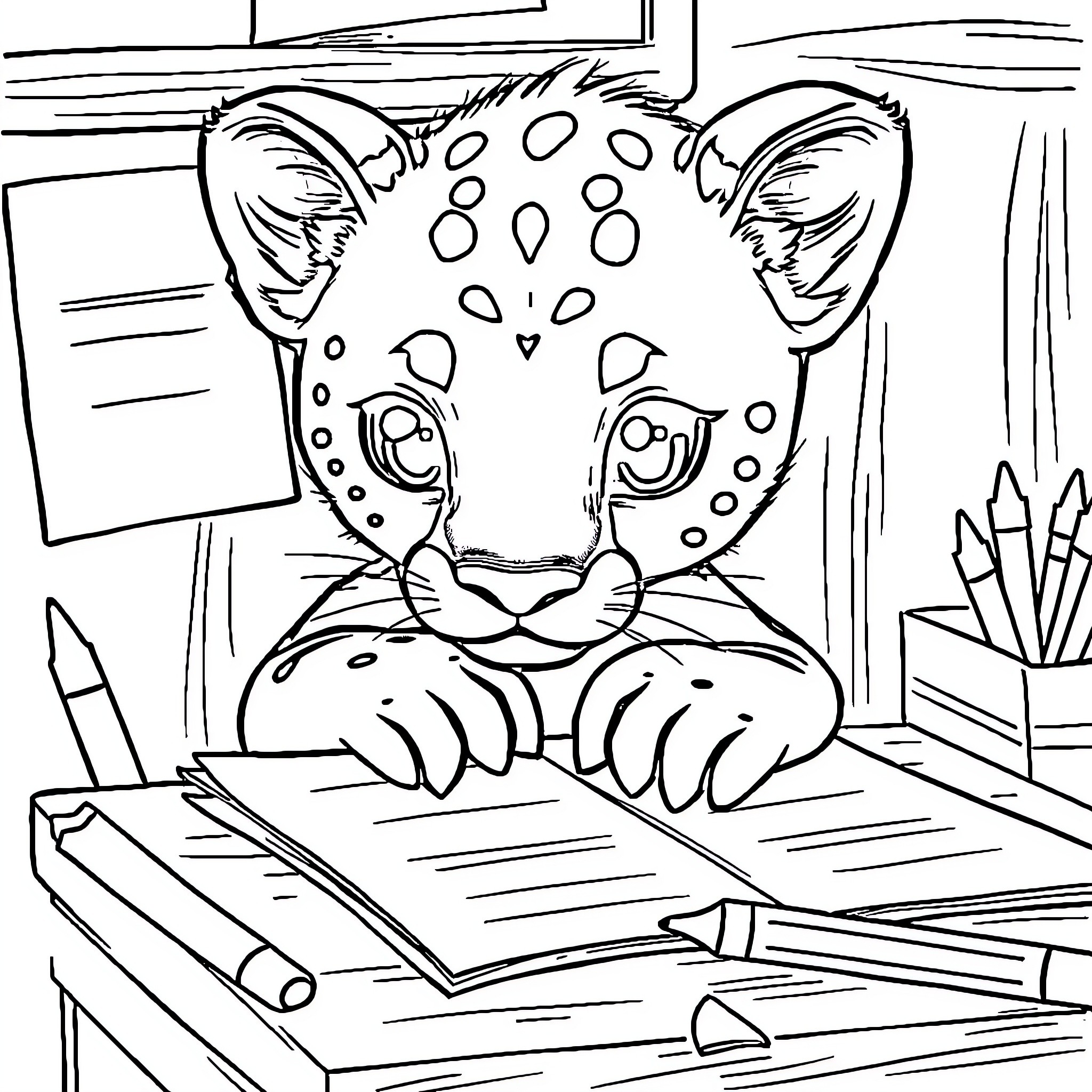 Panther studying diligently on desk Coloring Page (free black-and-white line drawing printable PDF for all, from beginners to advanced learners, including children, teens, adults, and seniors)