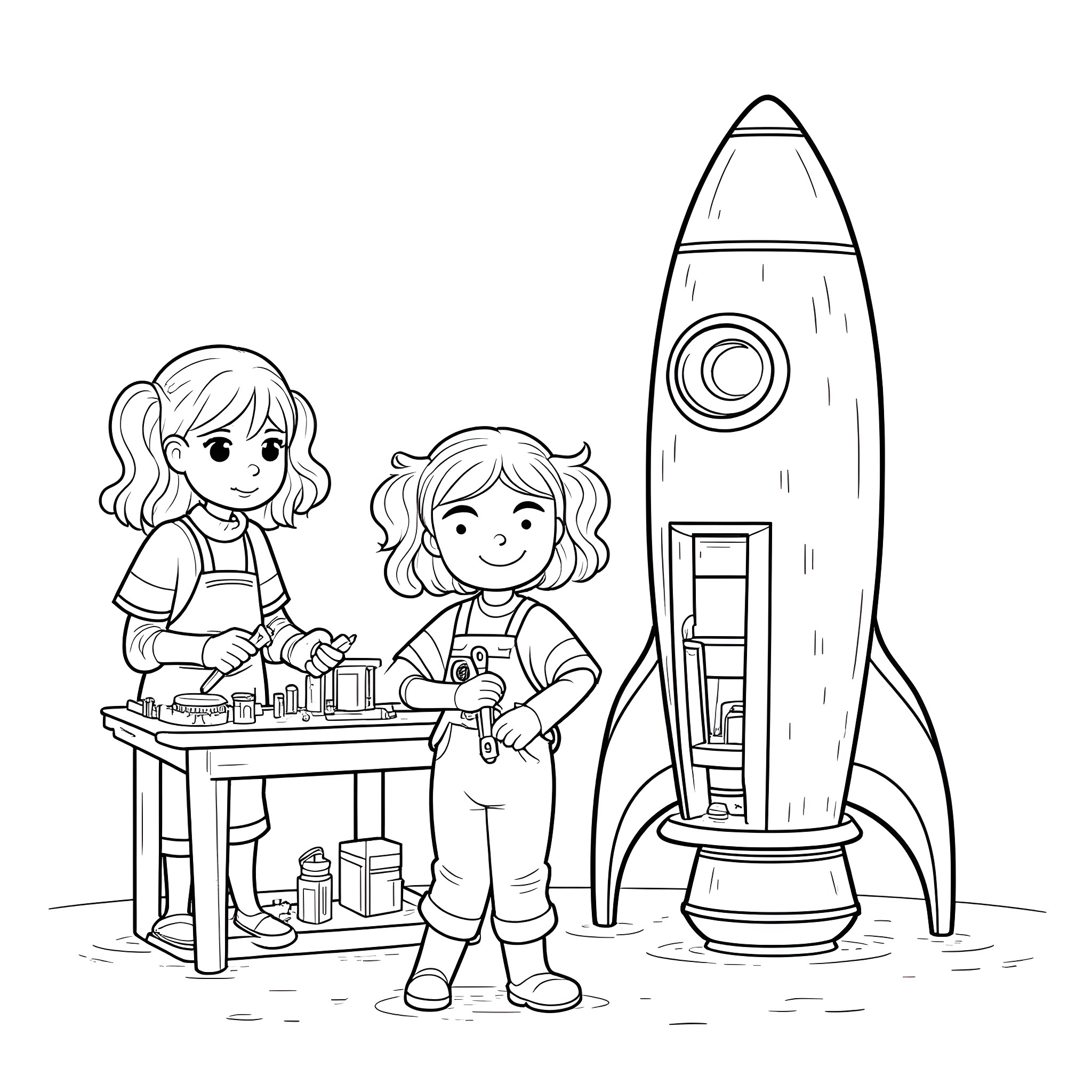 Rocket Ship Construction by Young Inventors Coloring Page (free black-and-white line drawing printable PDF for all, from beginners to advanced learners, including children, teens, adults, and seniors)
