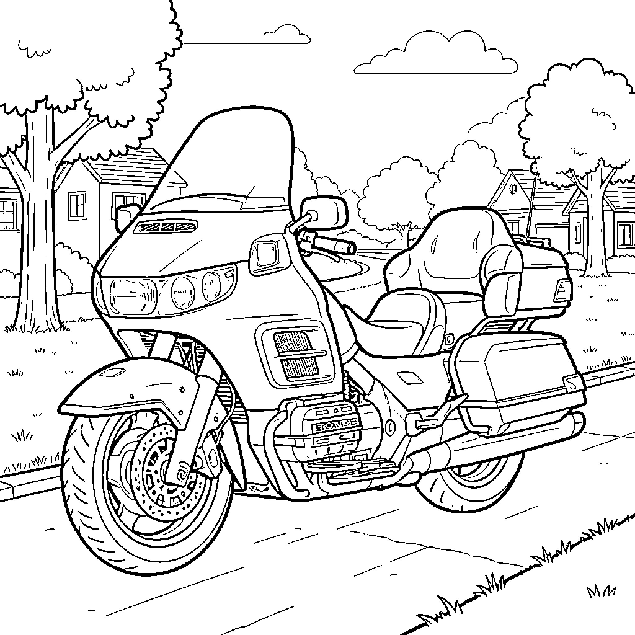 Goldwing motorcycle parked on a quiet residential street Coloring Page (free black-and-white line drawing printable PDF for all, from beginners to advanced learners, including children, teens, adults, and seniors)
