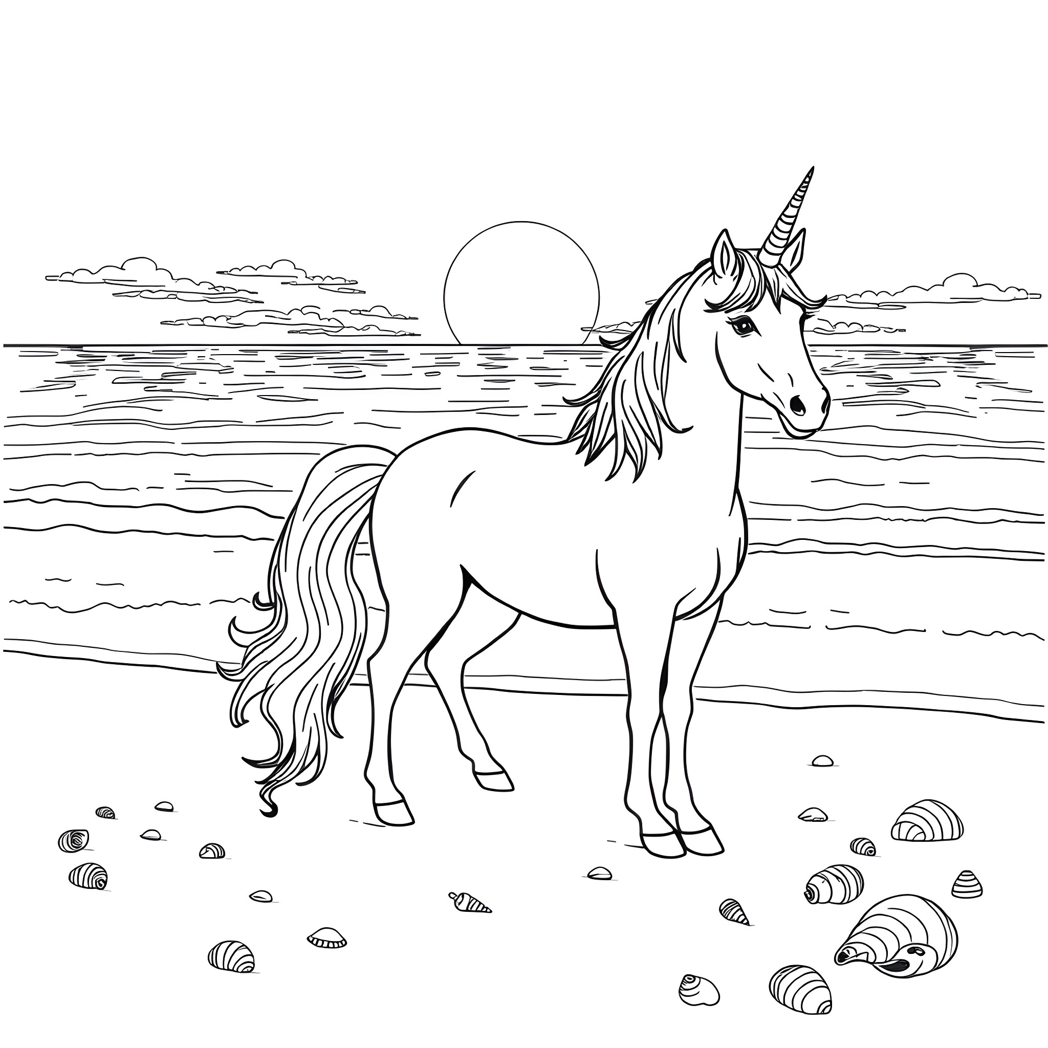 Unicorn standing majestic by the seashore Coloring Page (free black-and-white line drawing printable PDF for all, from beginners to advanced learners, including children, teens, adults, and seniors)