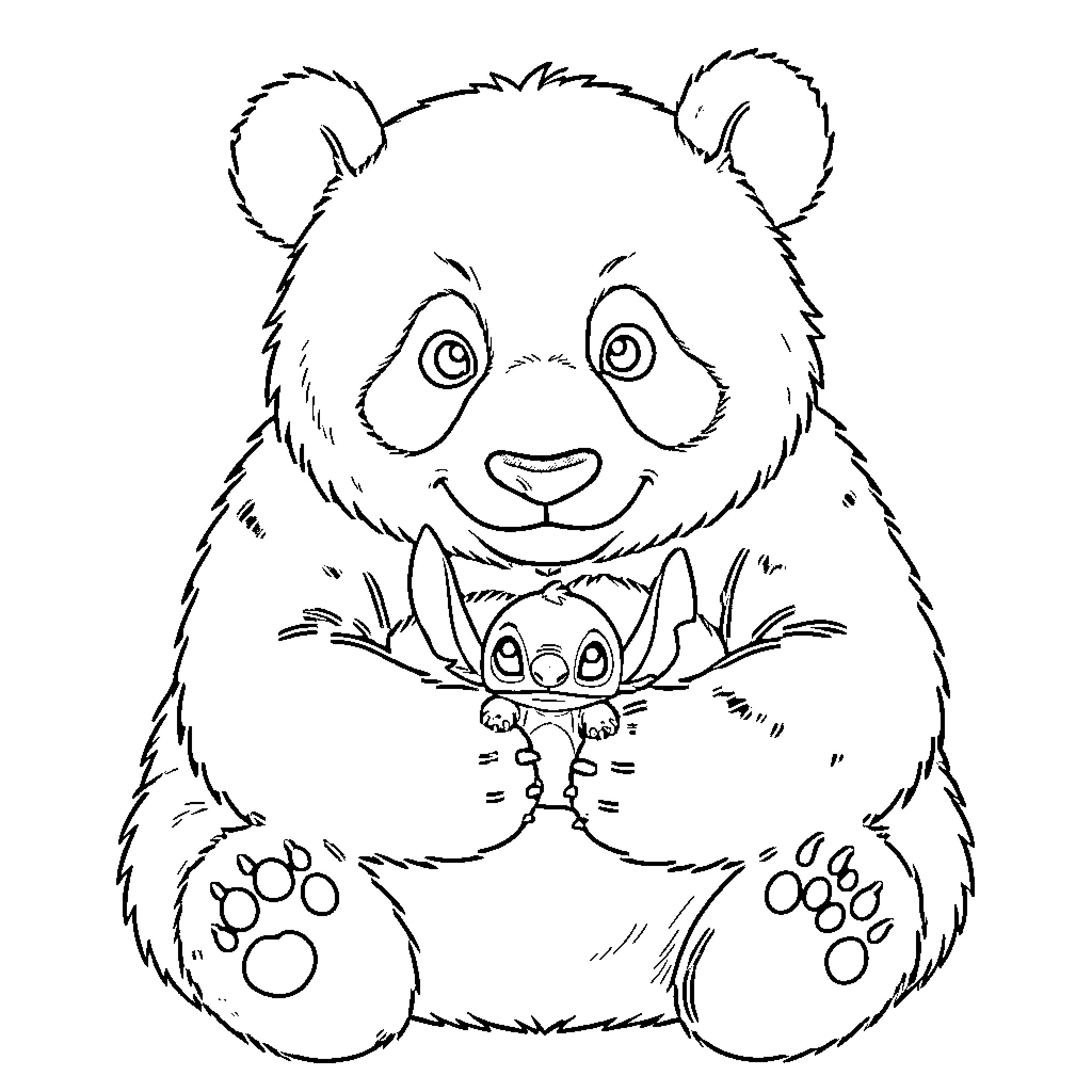 Panda cuddling a cute creature Coloring Page (free black-and-white line drawing printable PDF for all, from beginners to advanced learners, including children, teens, adults, and seniors)