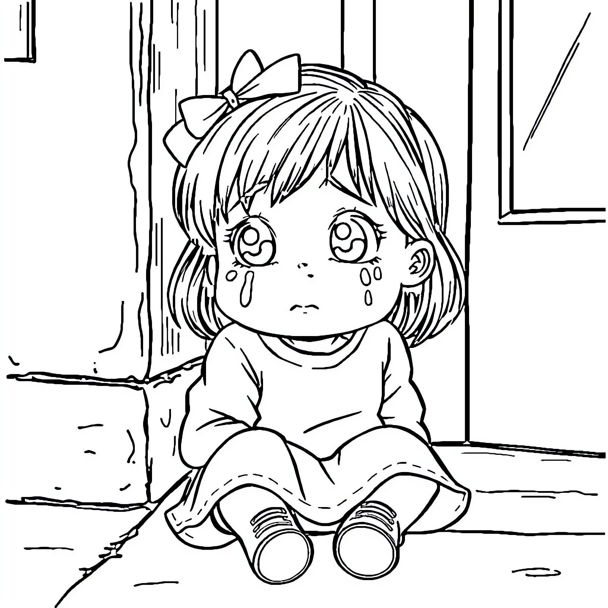 Girl sitting sadly by the window Coloring Page (free black-and-white line drawing printable PDF for all, from beginners to advanced learners, including children, teens, adults, and seniors)