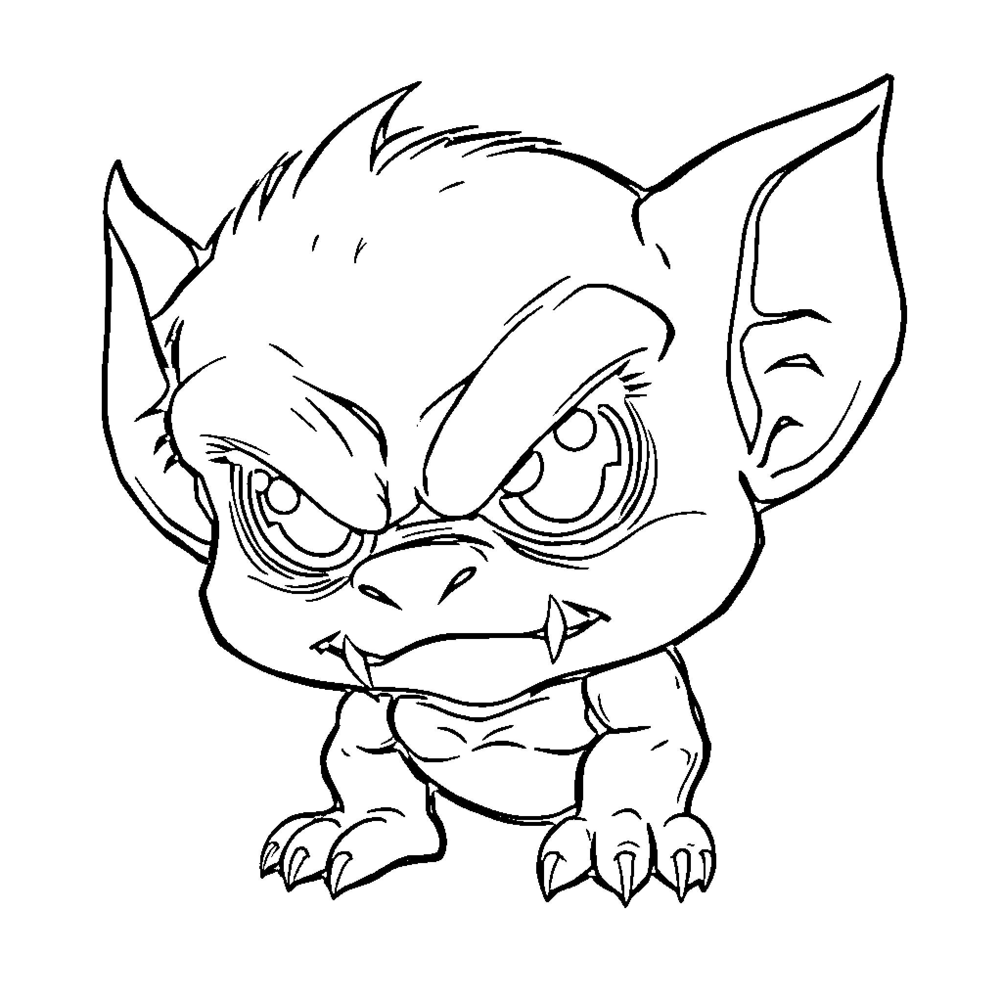 Goblin Creature with Mischievous Expression Coloring Page (free black-and-white line drawing printable PDF for all, from beginners to advanced learners, including children, teens, adults, and seniors)