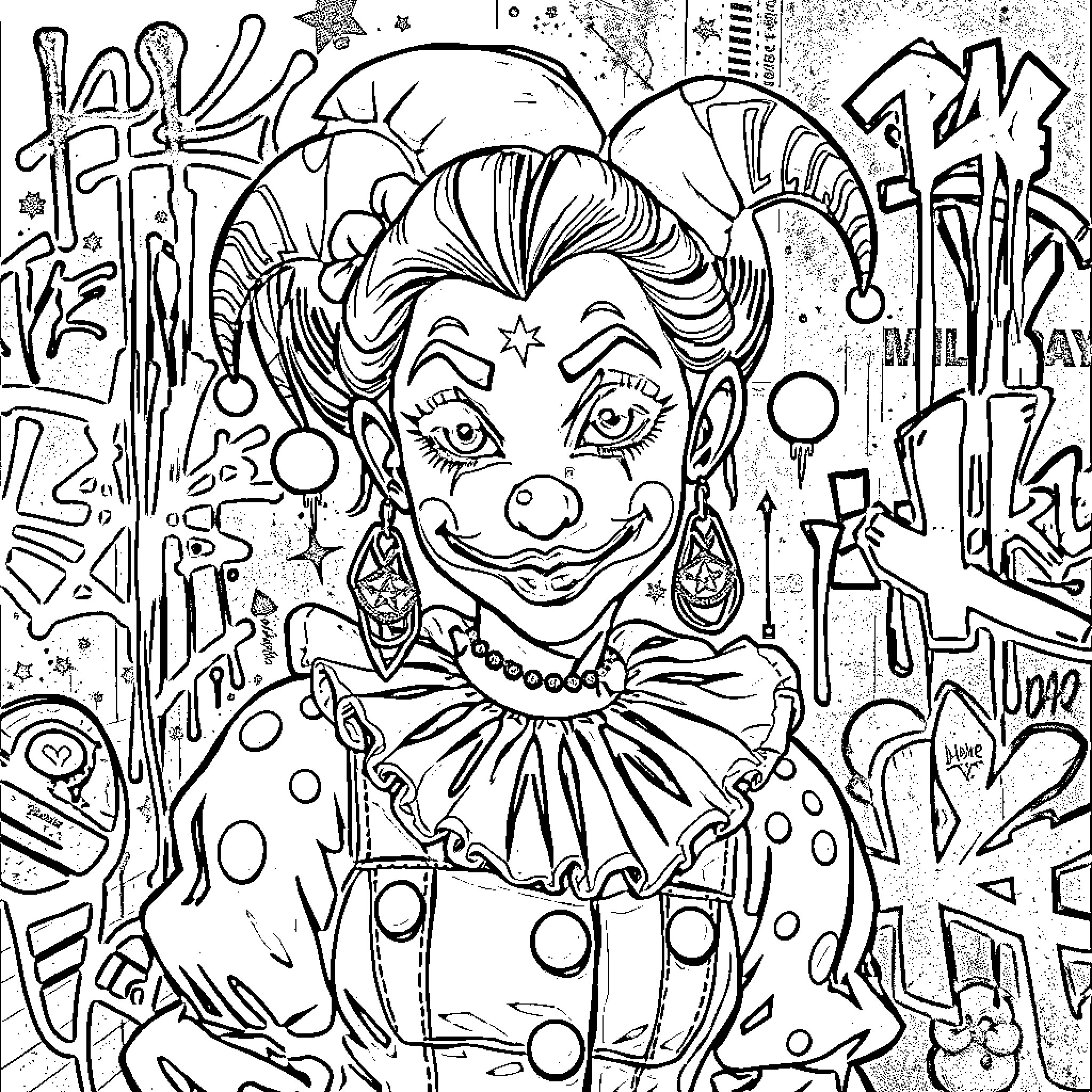 Clown with Colorful Expressions and Whimsical Decor Coloring Page (free black-and-white line drawing printable PDF for all, from beginners to advanced learners, including children, teens, adults, and seniors)