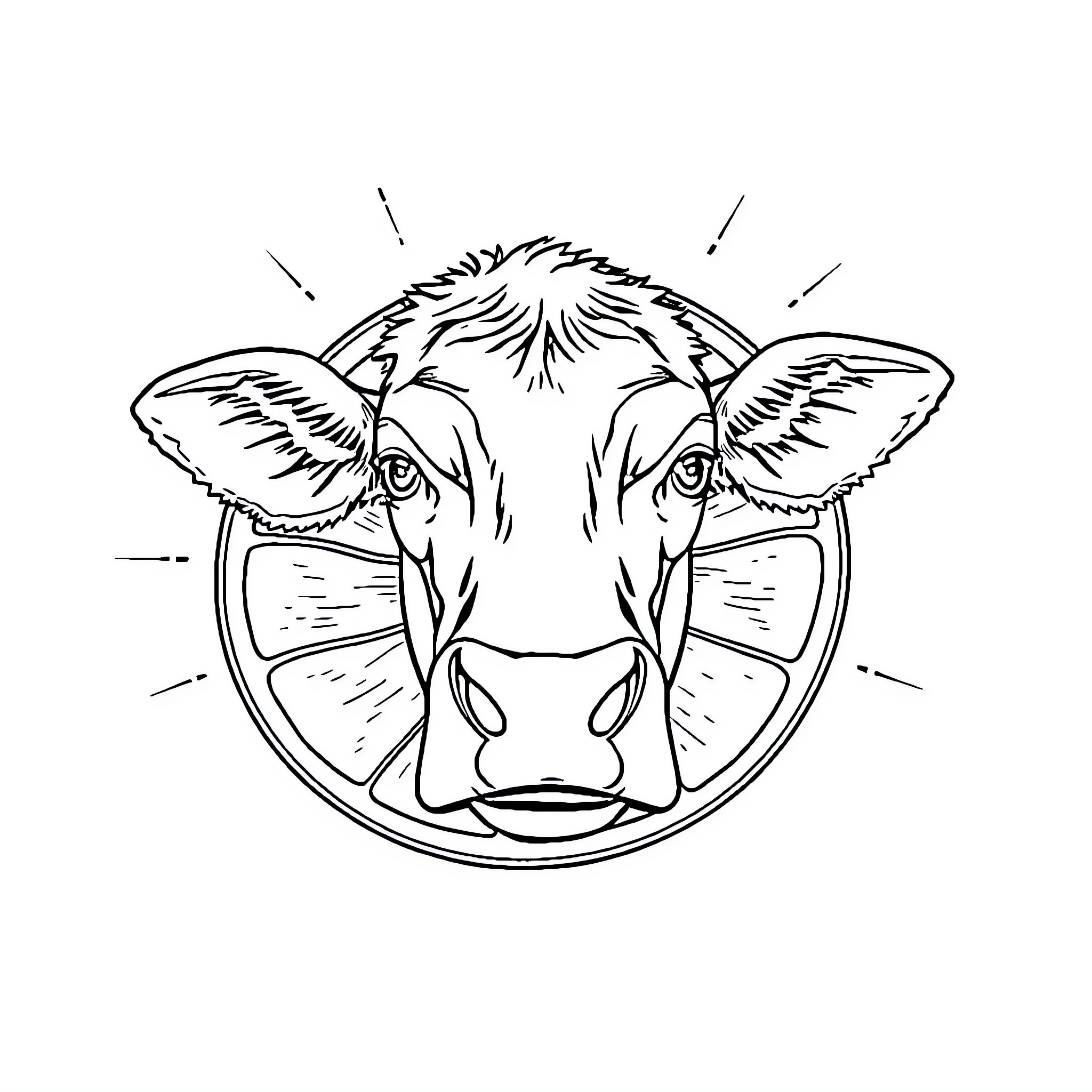 Cow's Curious Expression in Circle Coloring Page (free black-and-white line drawing printable PDF for all, from beginners to advanced learners, including children, teens, adults, and seniors)