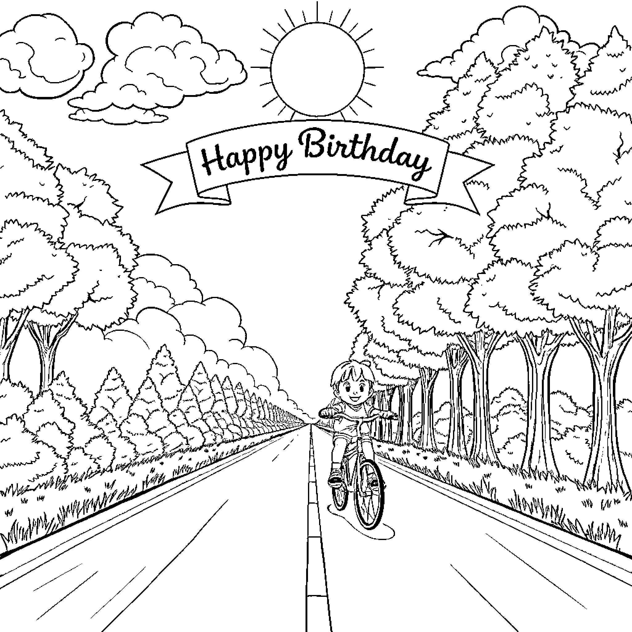 Kid riding bike in nature on Happy Birthday Coloring Page (free black-and-white line drawing printable PDF for all, from beginners to advanced learners, including children, teens, adults, and seniors)