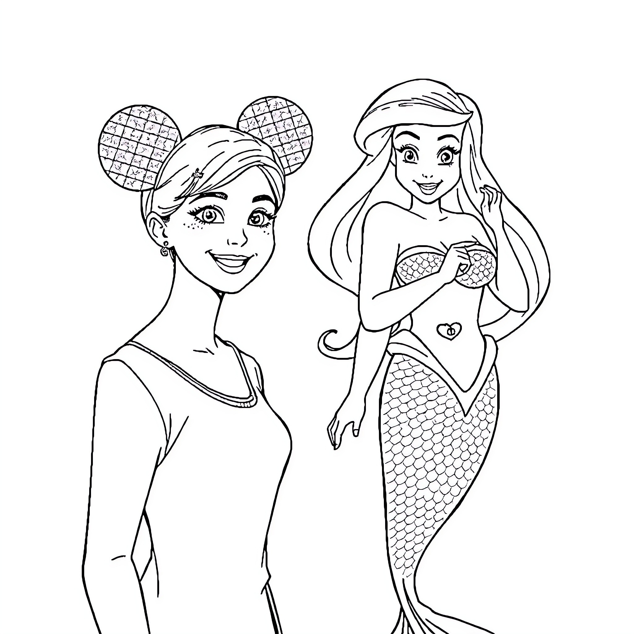 Lady Mermaids Enjoying Oceanic Adventure Coloring Page (free black-and-white line drawing printable PDF for all, from beginners to advanced learners, including children, teens, adults, and seniors)