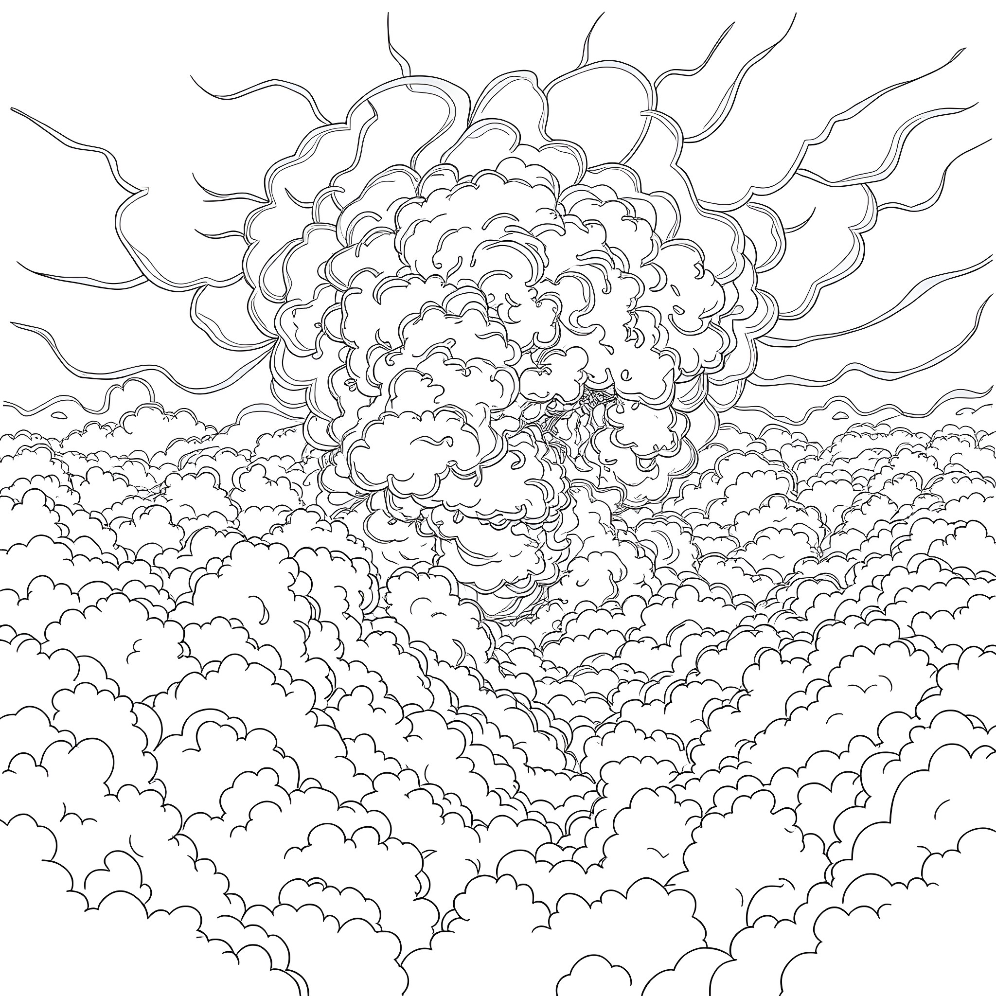 Water engulfed in swirling clouds Coloring Page (free black-and-white line drawing printable PDF for all, from beginners to advanced learners, including children, teens, adults, and seniors)