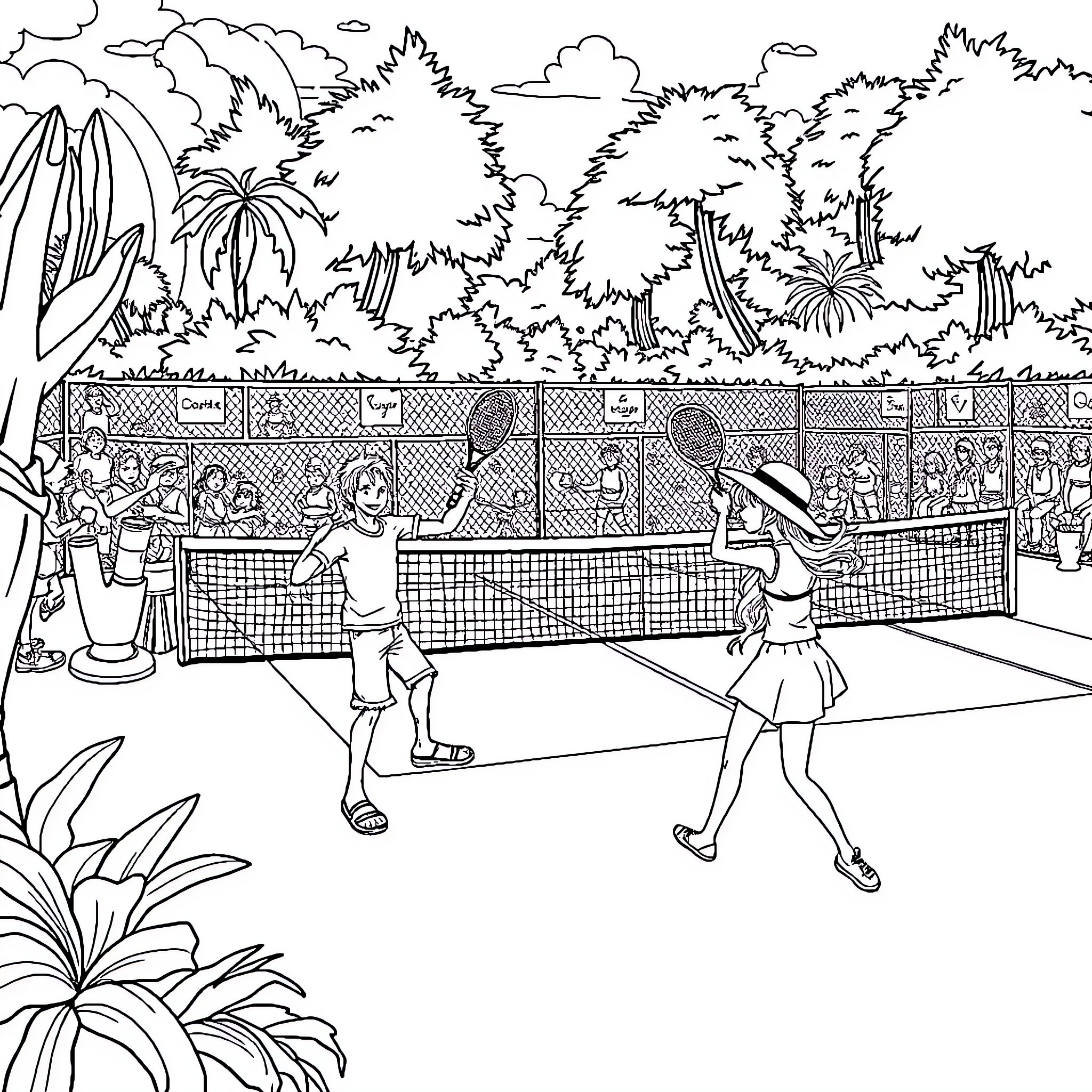 Peace in the Park: People Enjoying Tennis Coloring Page (free black-and-white line drawing printable PDF for all, from beginners to advanced learners, including children, teens, adults, and seniors)