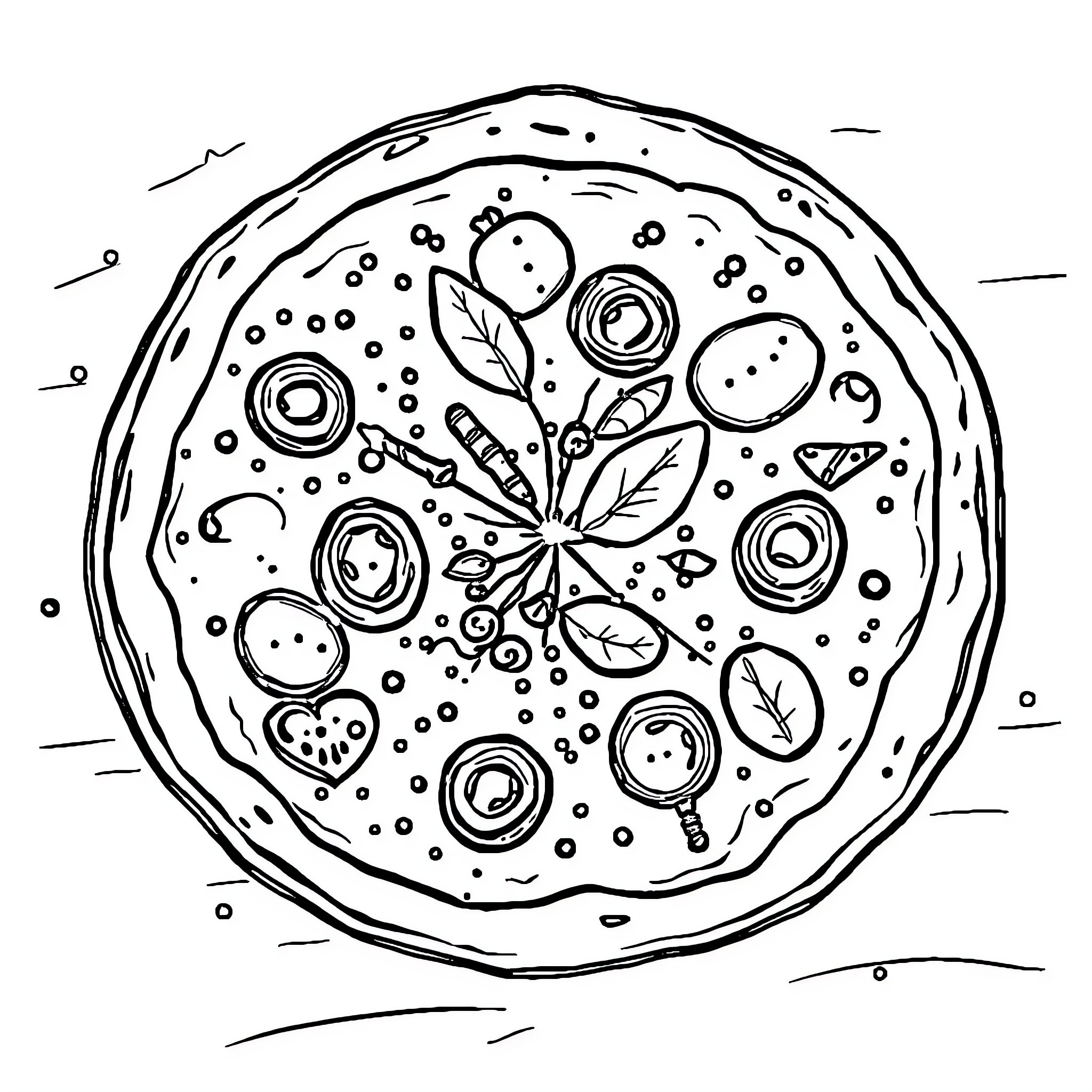 Pizza with creative toppings and designs Coloring Page (free black-and-white line drawing printable PDF for all, from beginners to advanced learners, including children, teens, adults, and seniors)